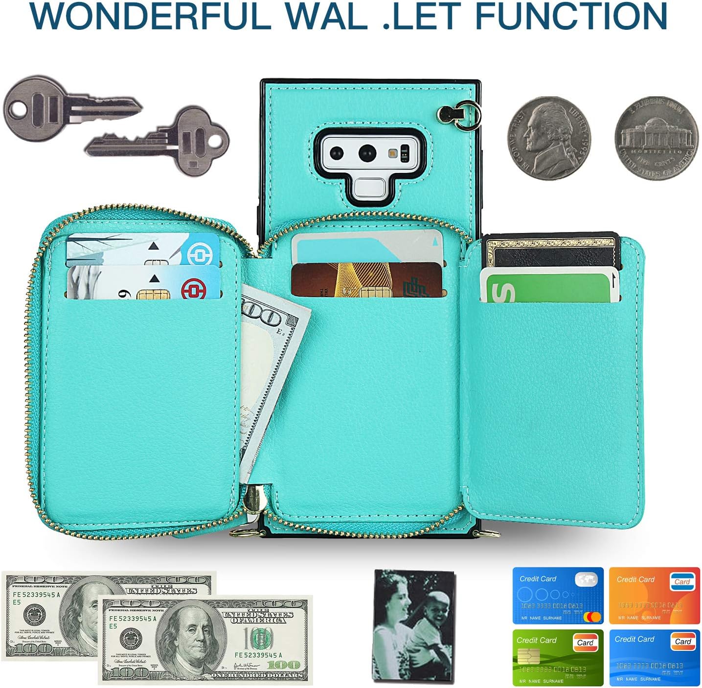 Asuwish Funda de teléfono para Samsung Galaxy Note 9 con protector de pantalla de vidrio templado y soporte para tarjetas con cremallera, soporte de