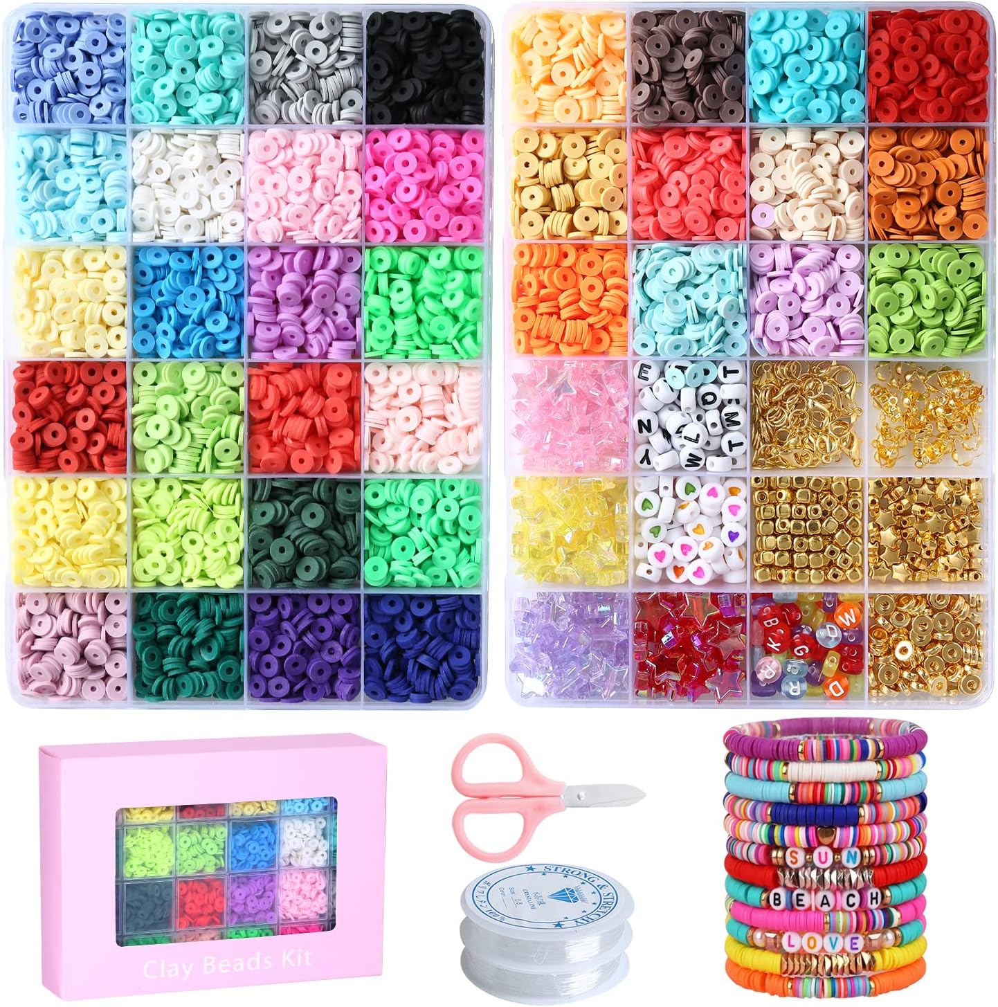 7300 cuentas de arcilla para hacer pulseras, kit de joyería, collares, regalos, 2 cajas planas, redondas, espaciadoras de polímero heishi con