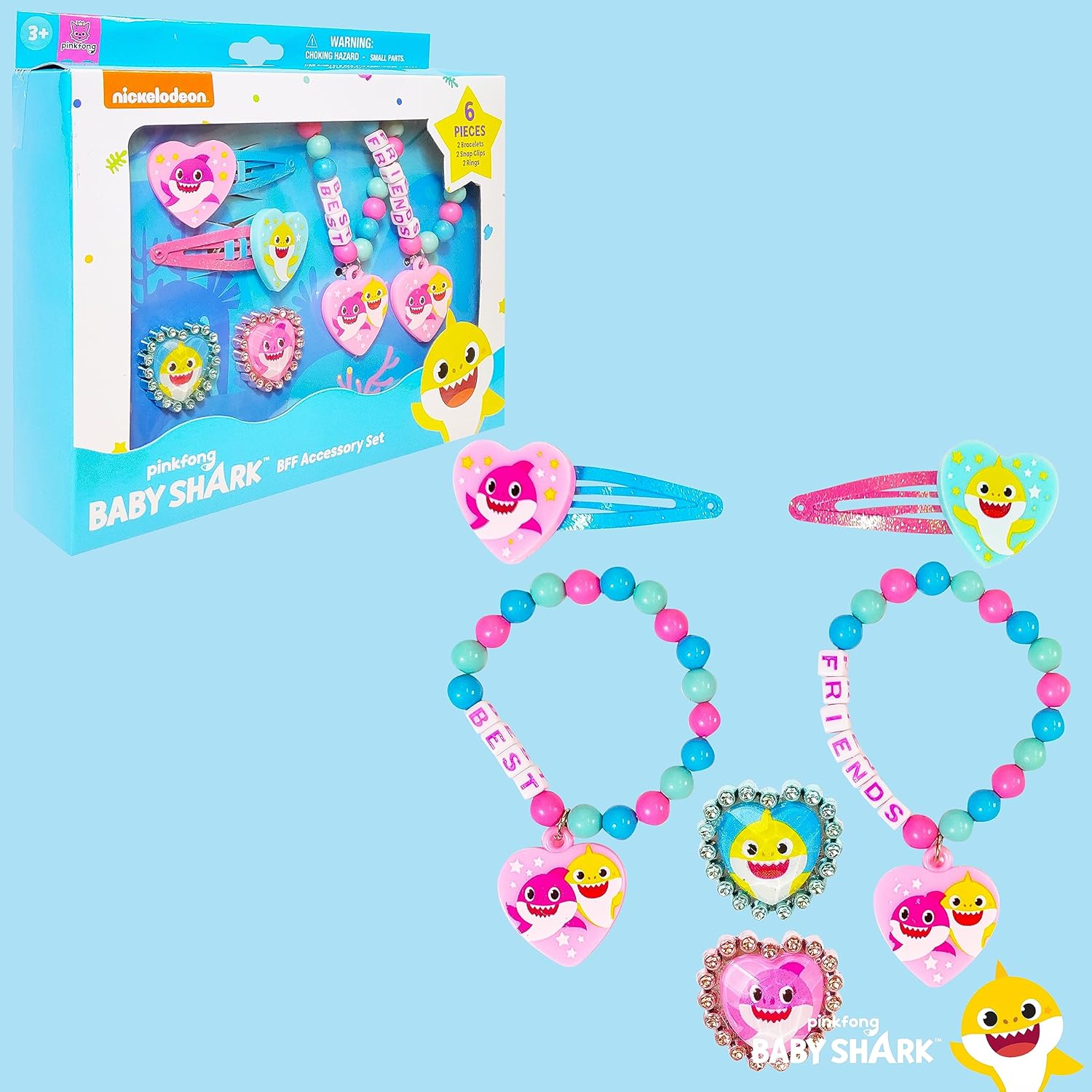 LUV HER Baby Shark Girls BFF – Joyero de juguete de 6 piezas con 2 anillos, 2 pulseras de cuentas y pinzas para el cabello a presión a partir de 3