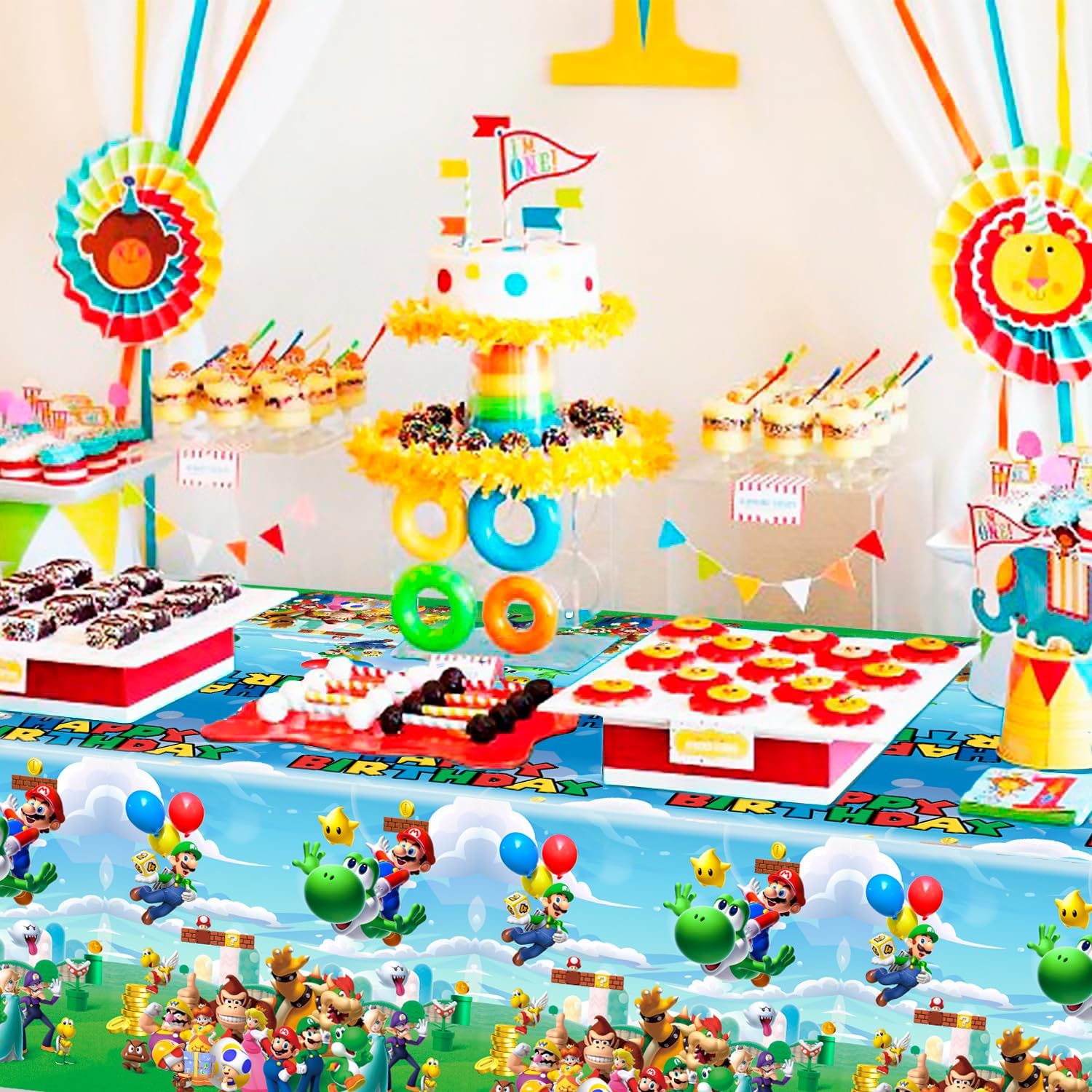 Fruitful Jewelry Suministros para fiestas de cumpleaños de Super Mario, mantel de Super Mario, 3 piezas de Mario Bros – 42.5 x 70.8 pulgadas, para
