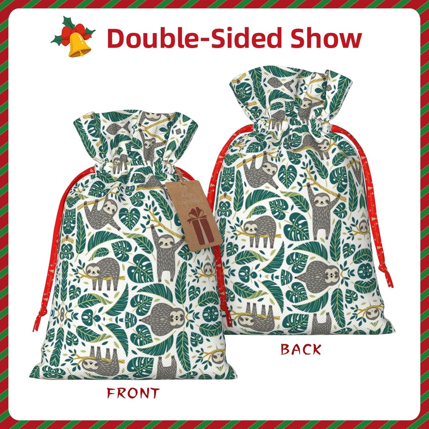 MyPiky Adorables bolsas de regalo de Navidad con estampado de perezosos, bolsas de regalo de 8.3 x 11.8 pulgadas, bolsa de almacenamiento para