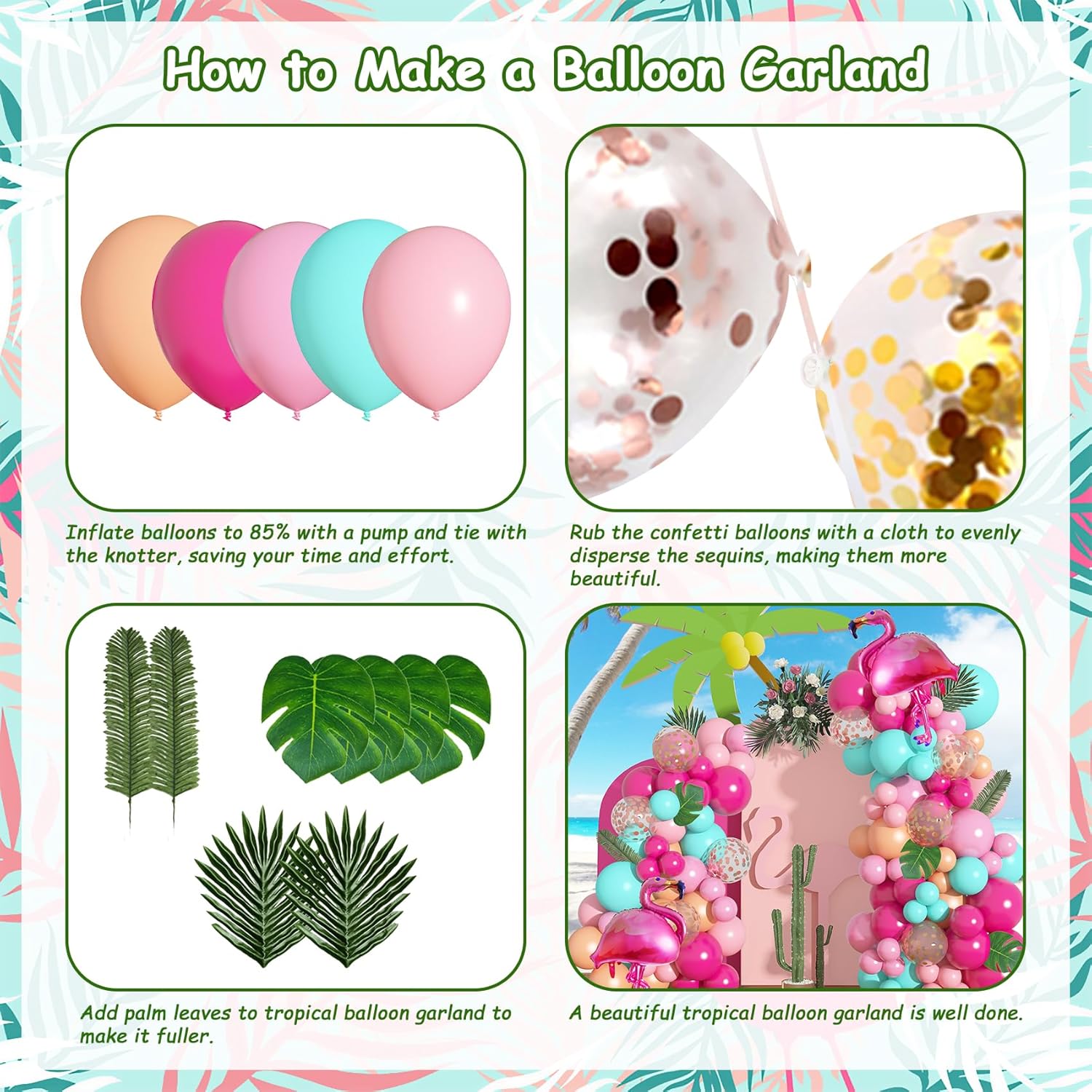 Kit de guirnalda de arco de globos de flamenco tropical de 40 pulgadas, globos de flamenco, globos de confeti rosa intenso, hojas de palma tropical,