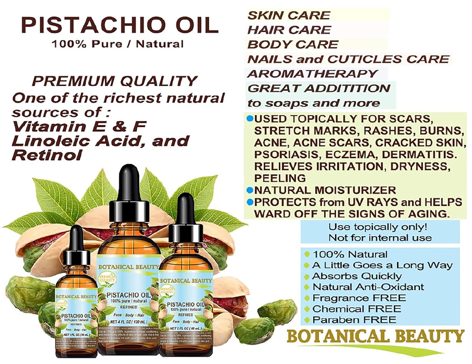 Aceite de PISTACHO Italiano Pistacia Vera 100% Puro Natural Refinado 1 Fl.oz.- 1.0 fl oz para Cara, Piel, Cuerpo, Cabello, Labios, Uñas. Rico en