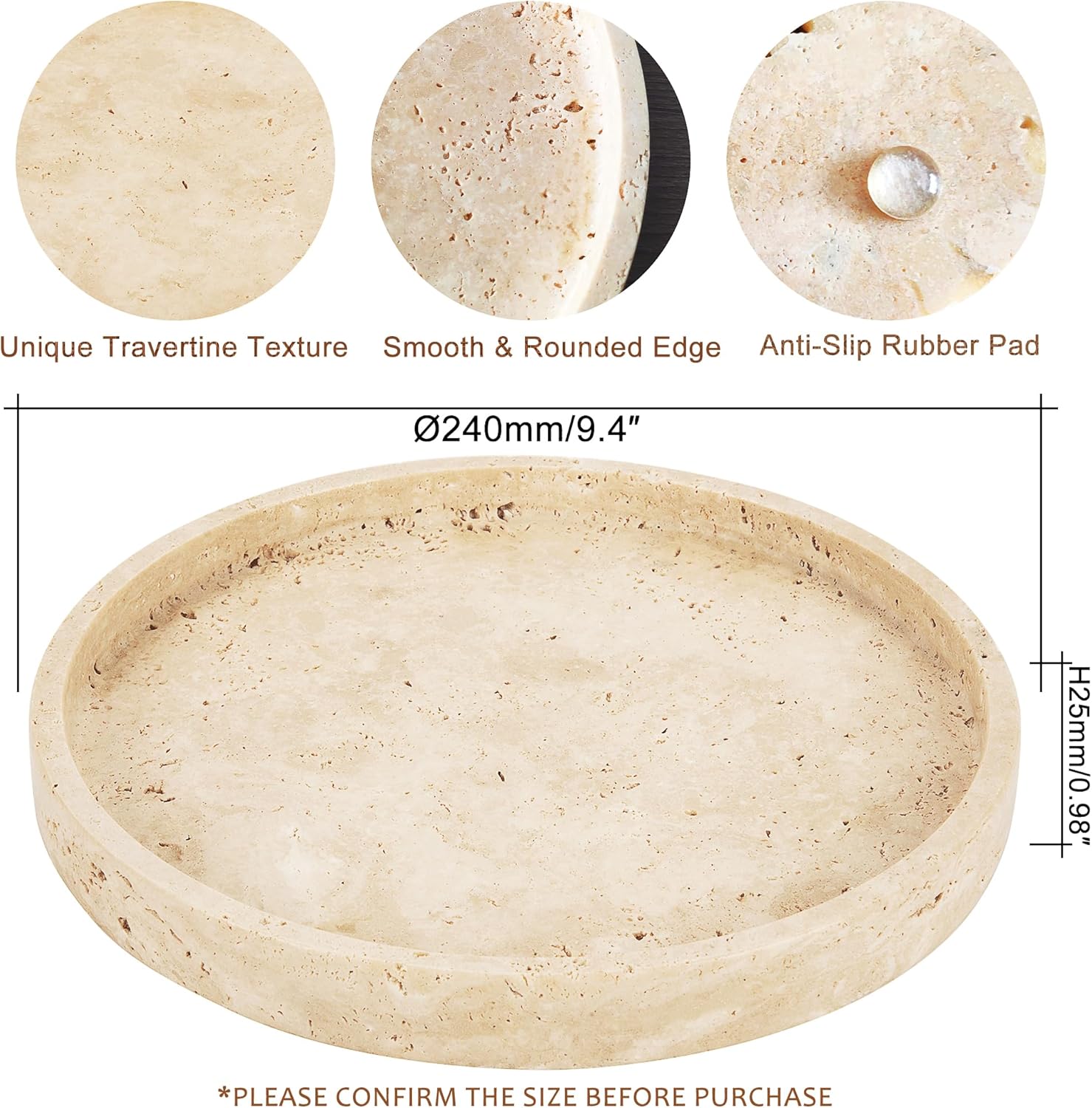 WORHE Bandeja de tocador de travertino natural para baño, tocador, mostrador, decoración del hogar, bandeja decorativa redonda de mármol para velas,