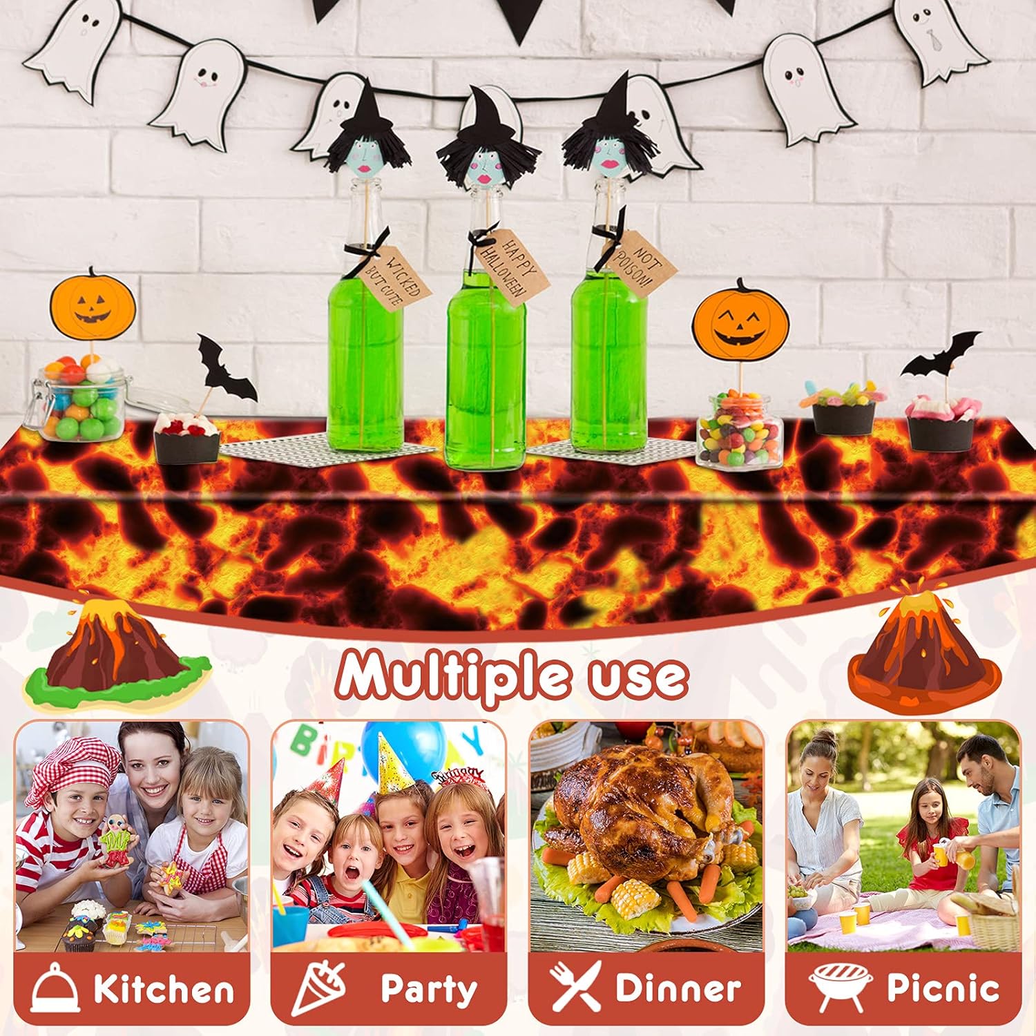 Irenare Mantel de lava para decoración de volcán, mantel de dinosaurio, mantel de llama, cubierta de plástico para mesa de Halloween, juego de lava,