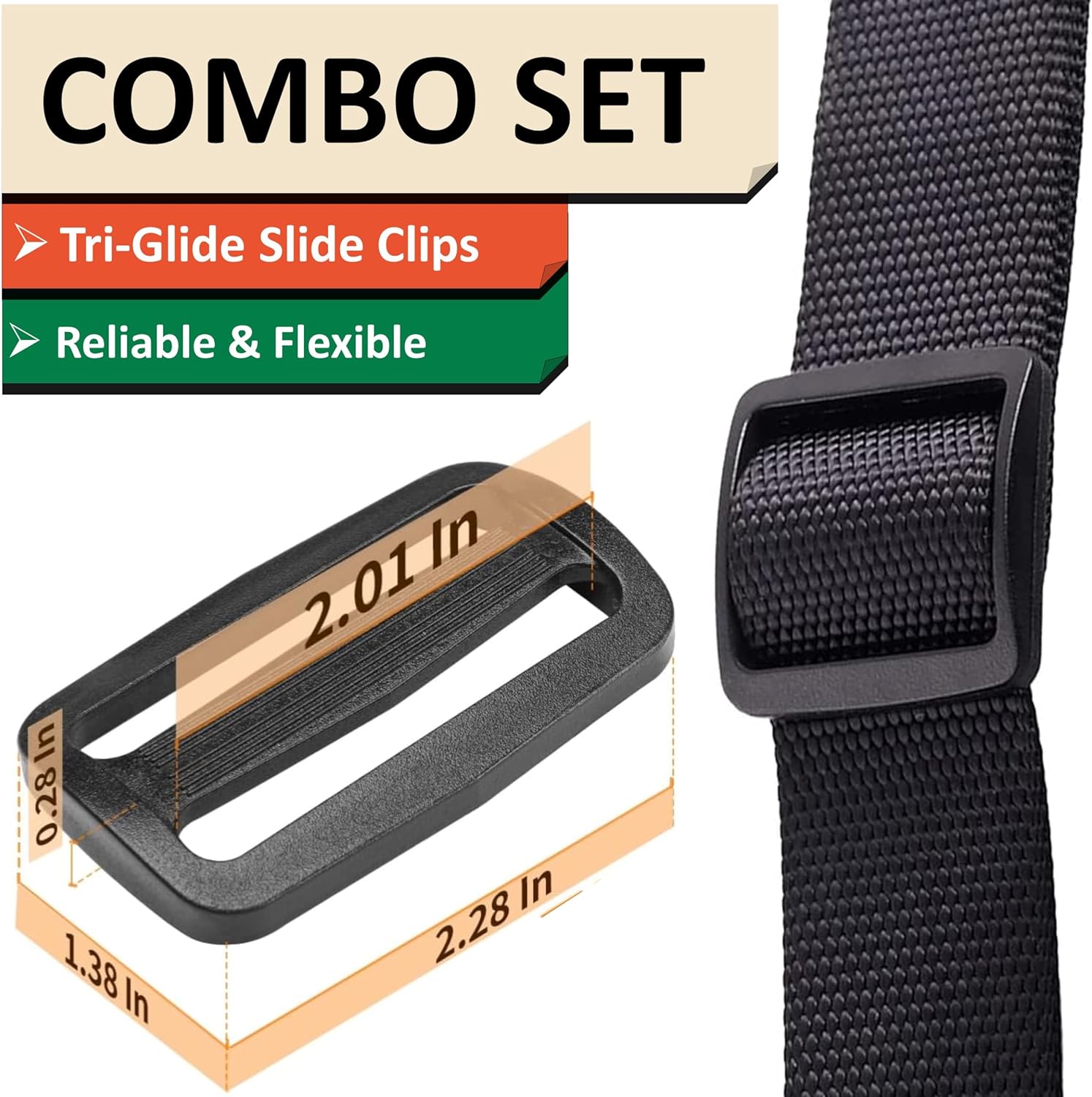 Correa de nailon de 2 pulgadas con clips deslizantes de plástico Tri-Glide, 10, 25, 50 yardas, correa de nailon resistente para equipo de interior o