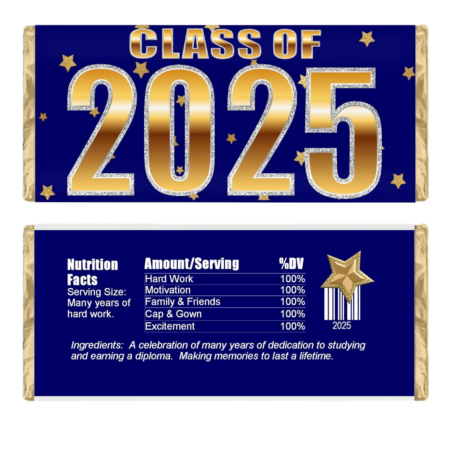 Graduation Candy Wrappers, Chocolate Bar Labels, Class of 2025, Grad Party Favors, Pack of 20 (BlueGold)