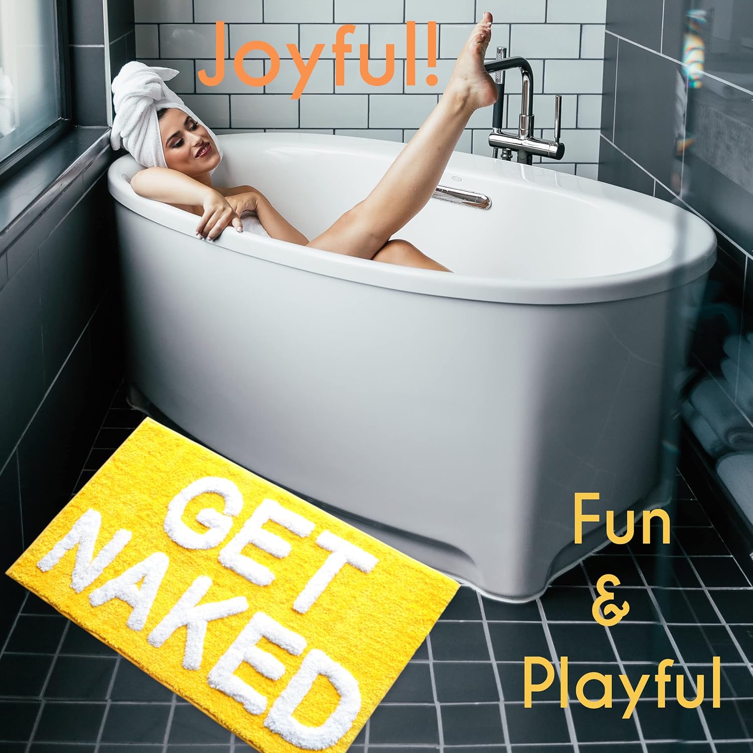 Tapete de baño amarillo con texto en inglés Get Naked, divertido tapete de baño lindo y bonito tapete de baño canario dorado y blanco para niñas y