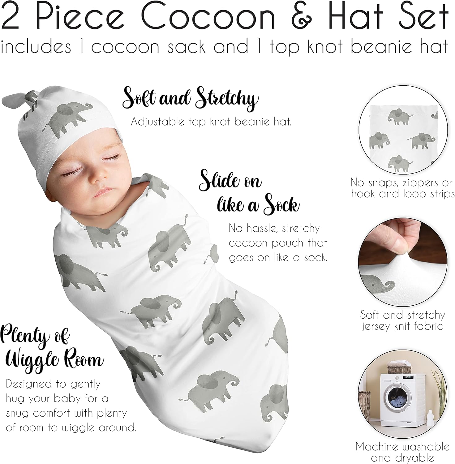 Sweet Jojo Designs Elephant Safari – Conjunto de capullo y gorro para bebé, saco de dormir de punto elástico para bebé, recién nacido, saco de
