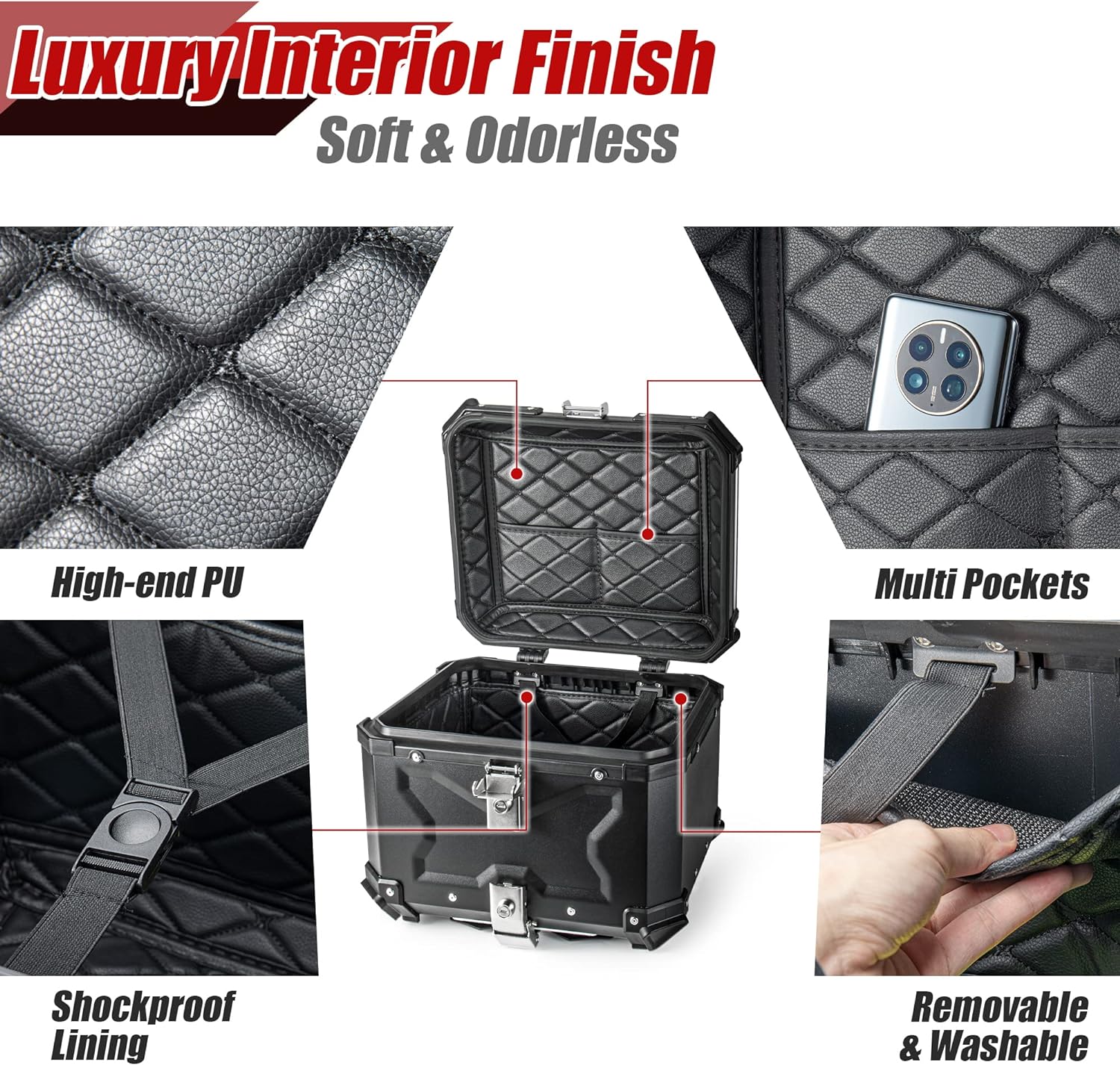 Kumaziin Top Case – Caja de aluminio para motocicleta de 45 litros con bloqueo de seguridad único, caja trasera plateada segura y duradera, fácil de