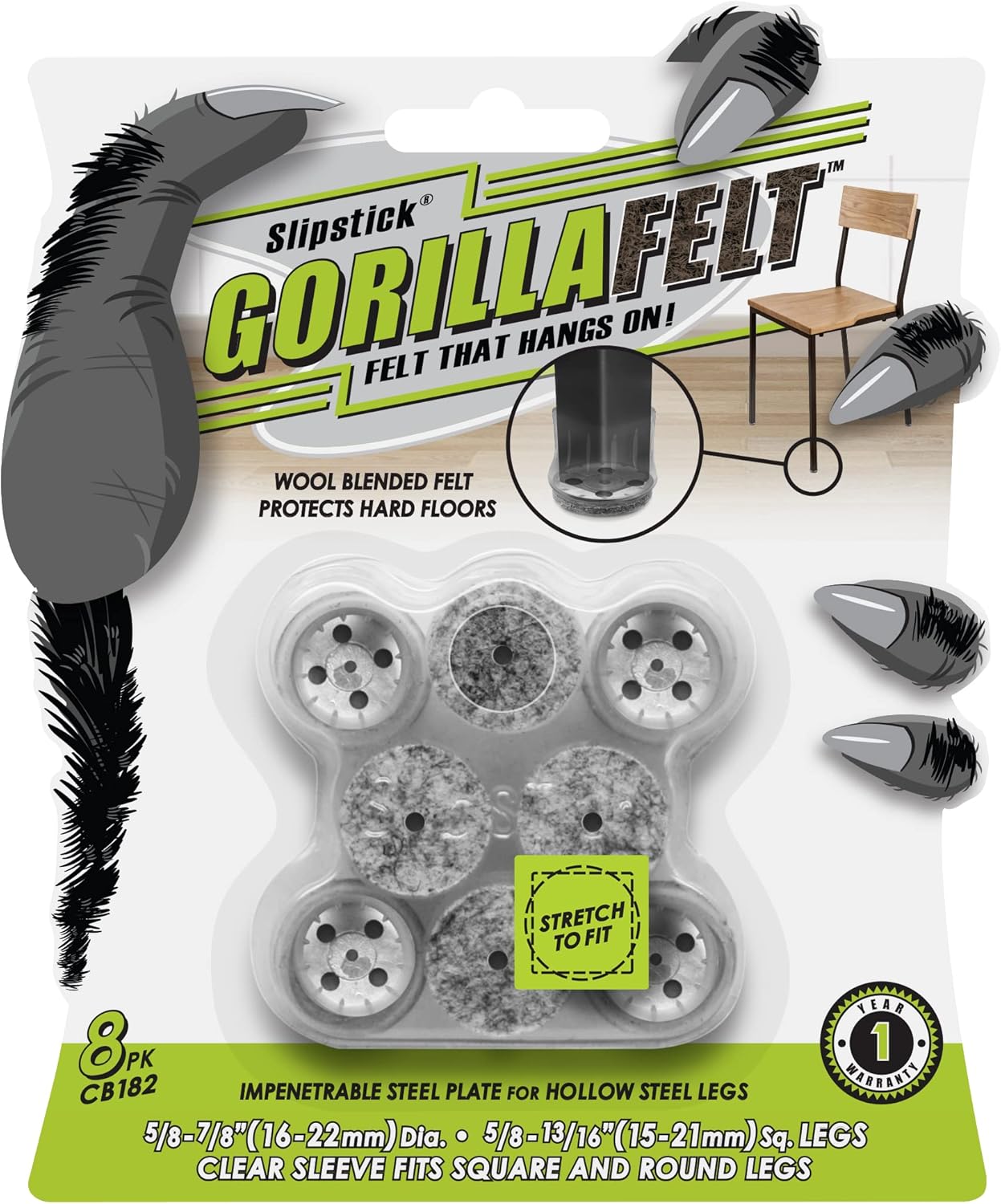 Slipstick GorillaFelt CB182 – Protectores de suelo para patas de silla para suelos de madera, almohadillas de fieltro de funda transparente para