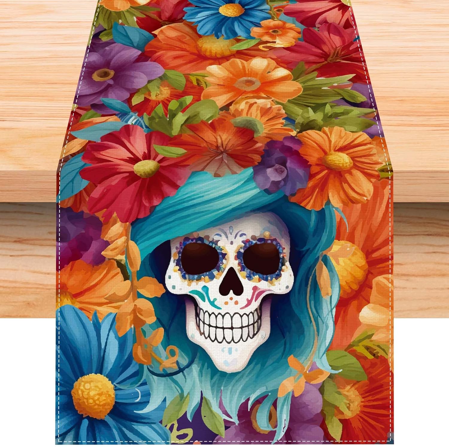 Camino de mesa de lino con diseño de calavera mexicana de 72 pulgadas de largo, diámetro de los muertos, decoración del día de los muertos para el