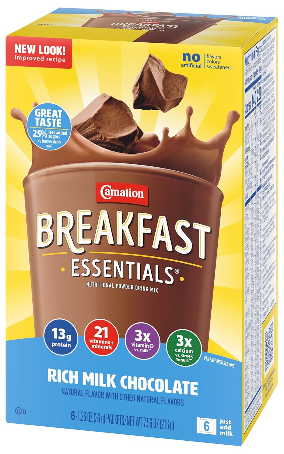 Carnation Breakfast Essentials Paquetes nutricionales de mezcla de bebidas en polvo, rico chocolate con leche, con proteínas, vitaminas y minerales,