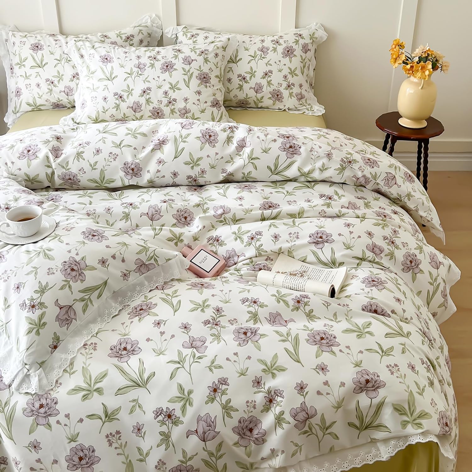 VM VOUGEMARKET Juego de funda de edredón con volantes de flores moradas, tamaño Queen, romántico, con volantes, de algodón, para adolescentes y