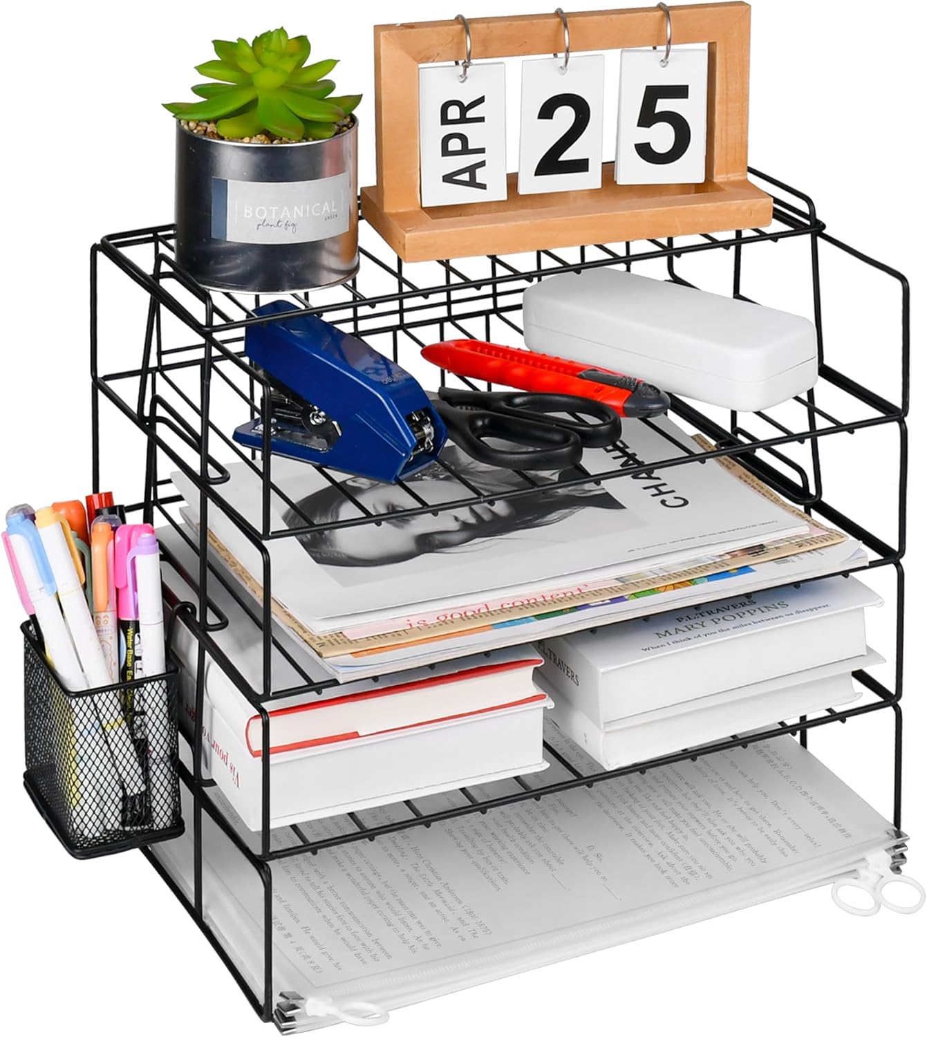 Sishynio Organizador de archivos de escritorio, bandeja de papel apilable de 5 niveles con soporte para bolígrafos, accesorios de escritorio de