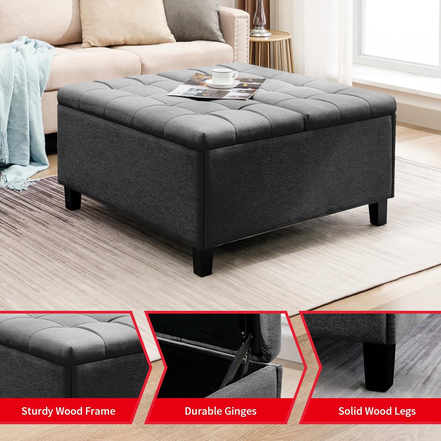 Mesa de centro otomana con elevador, otomana cuadrada con almacenamiento, tela de lino y patas de madera, reposapiés tapizado con asiento acolchado