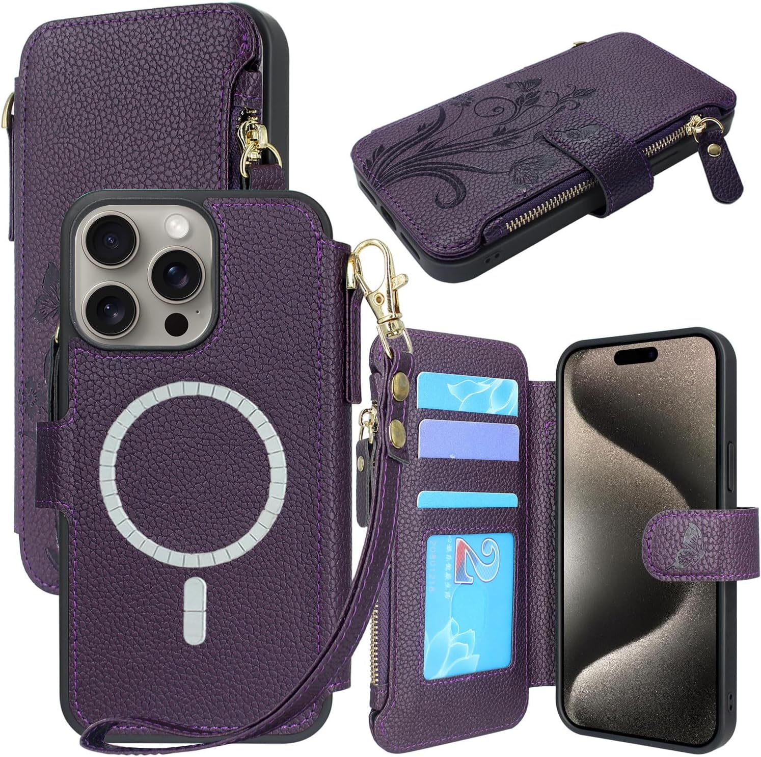 Lacass Funda compatible con MagSafe Case Wallet para iPhone 15 Pro Max de 6.7 pulgadas, 3 tarjeteros con cremallera de piel, cierre magnético,