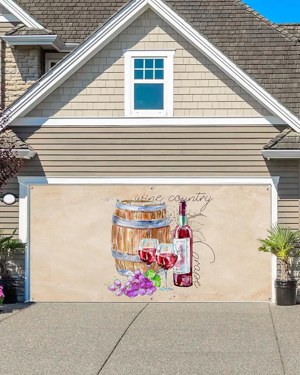 Summer Autumn Red Wine Garage Door Decorations, Farmhouse Wooden Barrel Garage Door Banner Cover with Grommets, Garage Door Mural Backdrop