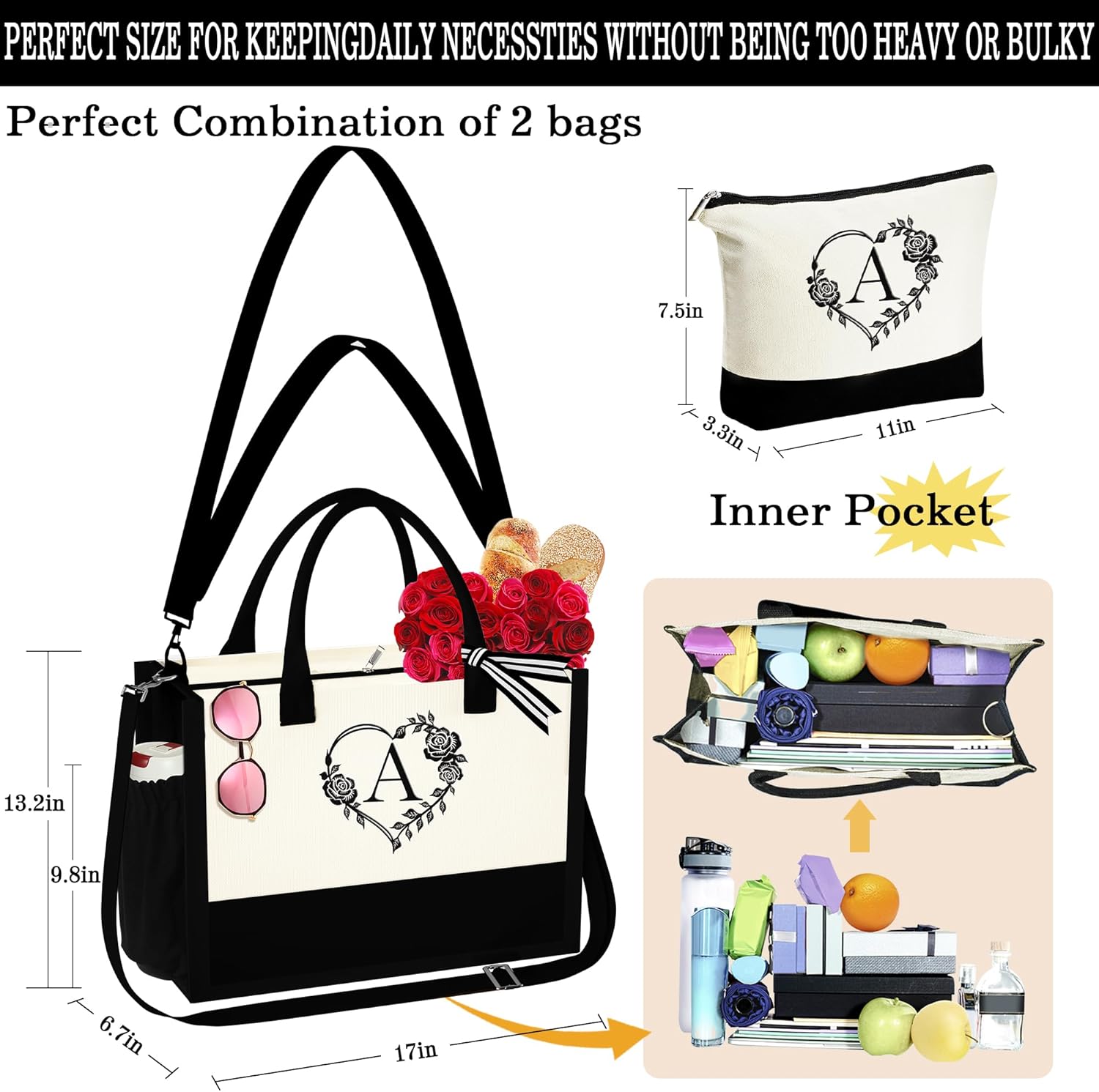 YOOLIFE Bolsa de lona con inicial, bolsa de playa con cremallera, bolsa de maquillaje, regalo de cumpleaños, día de San Valentín, para mujeres,