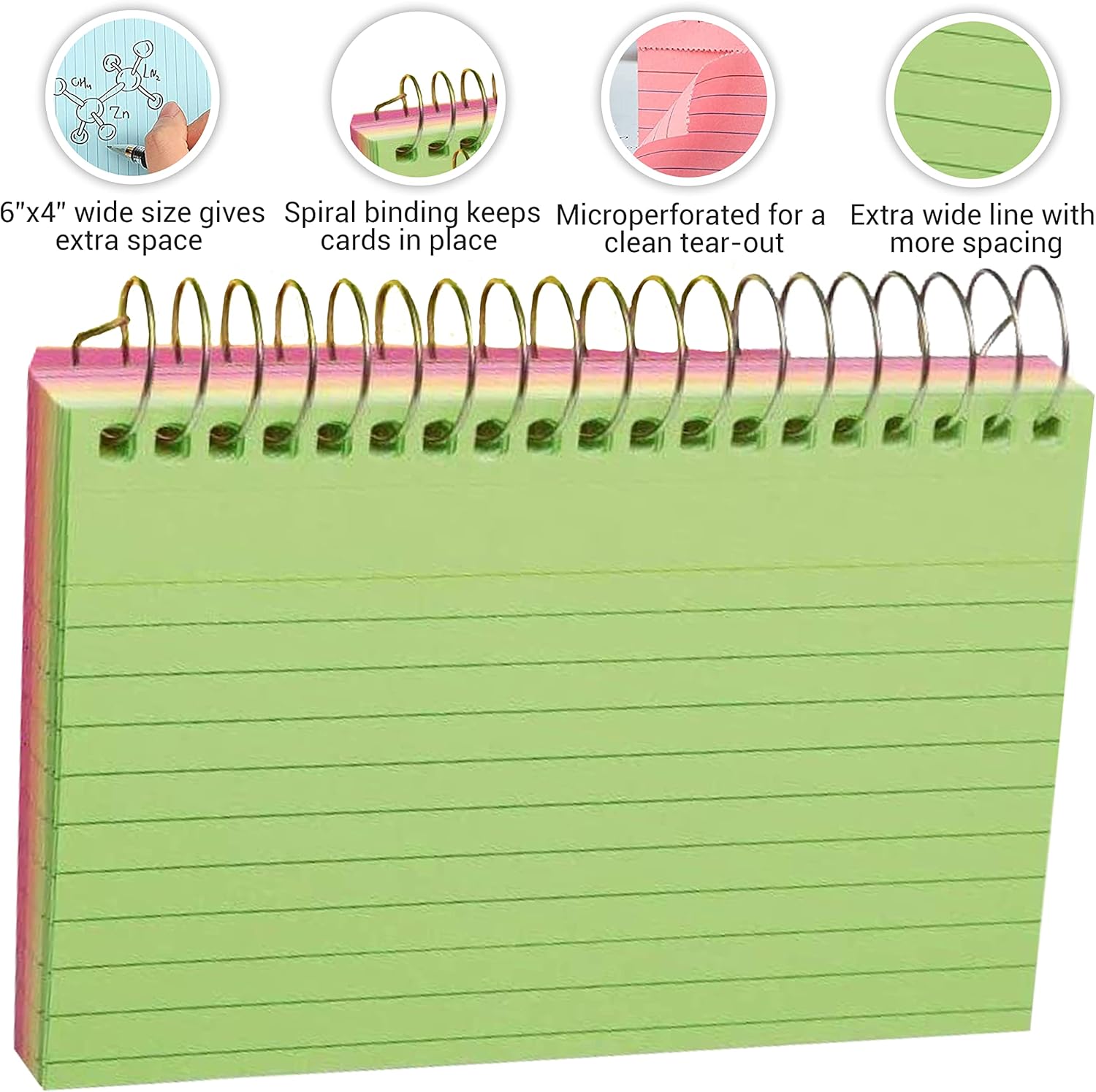 1InTheOffice Fichas de índice en espiral de 4 x 6 pulgadas, con rayas, encuadernadas en espiral, tarjetas de notas en espiral, colores surtidos, 50