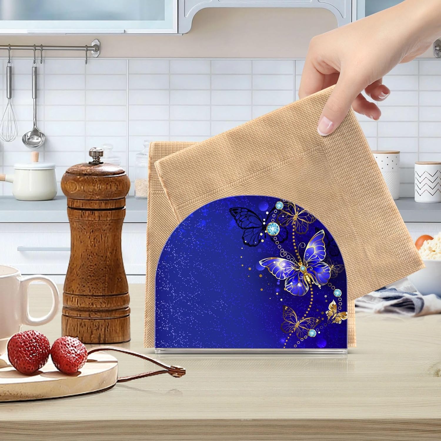 Elegante servilletero de mariposa azul, soportes de acrílico para servilletas de mesa de cóctel, dispensador de papel para cocina, comedor,