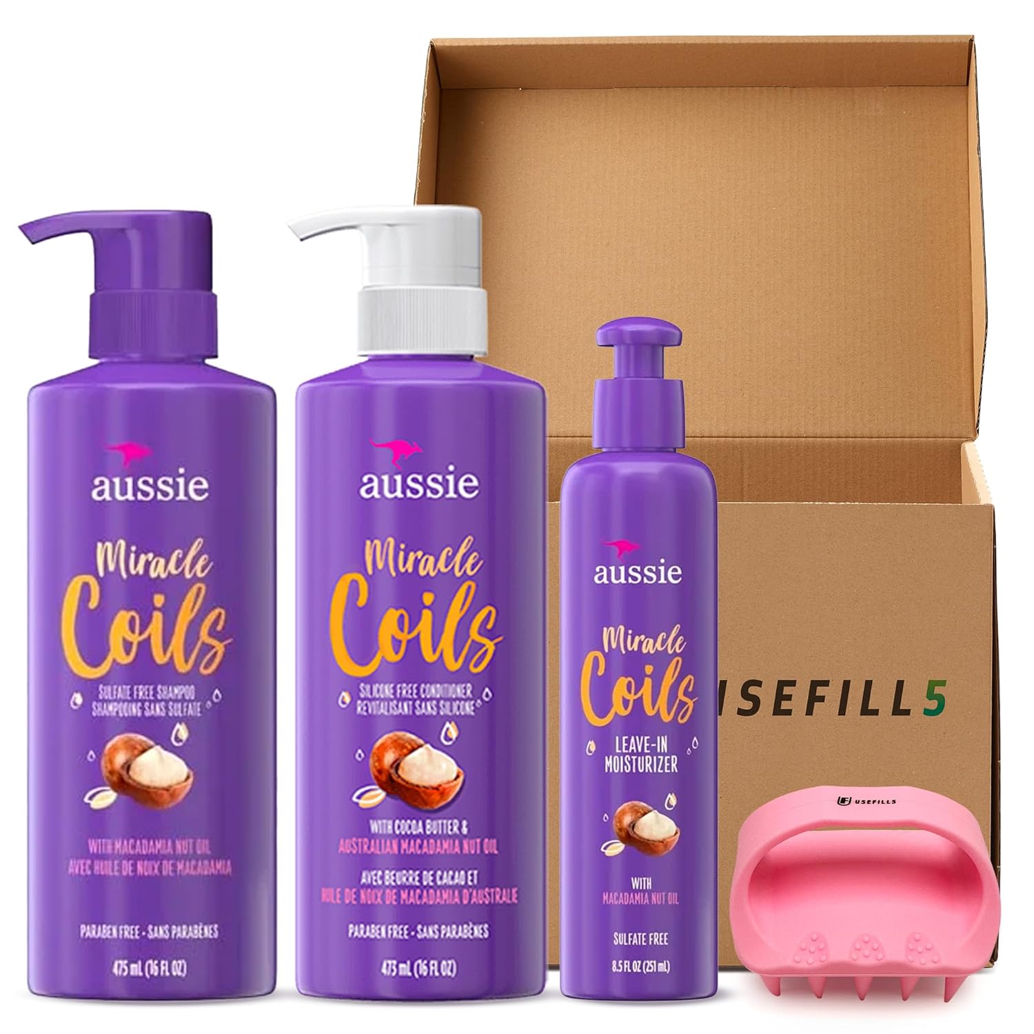 Set de champú y acondicionador humectante sin enjuague, kit de cabello rizado, nuez de macadamia, paquete de 3 productos que incluye bobinas