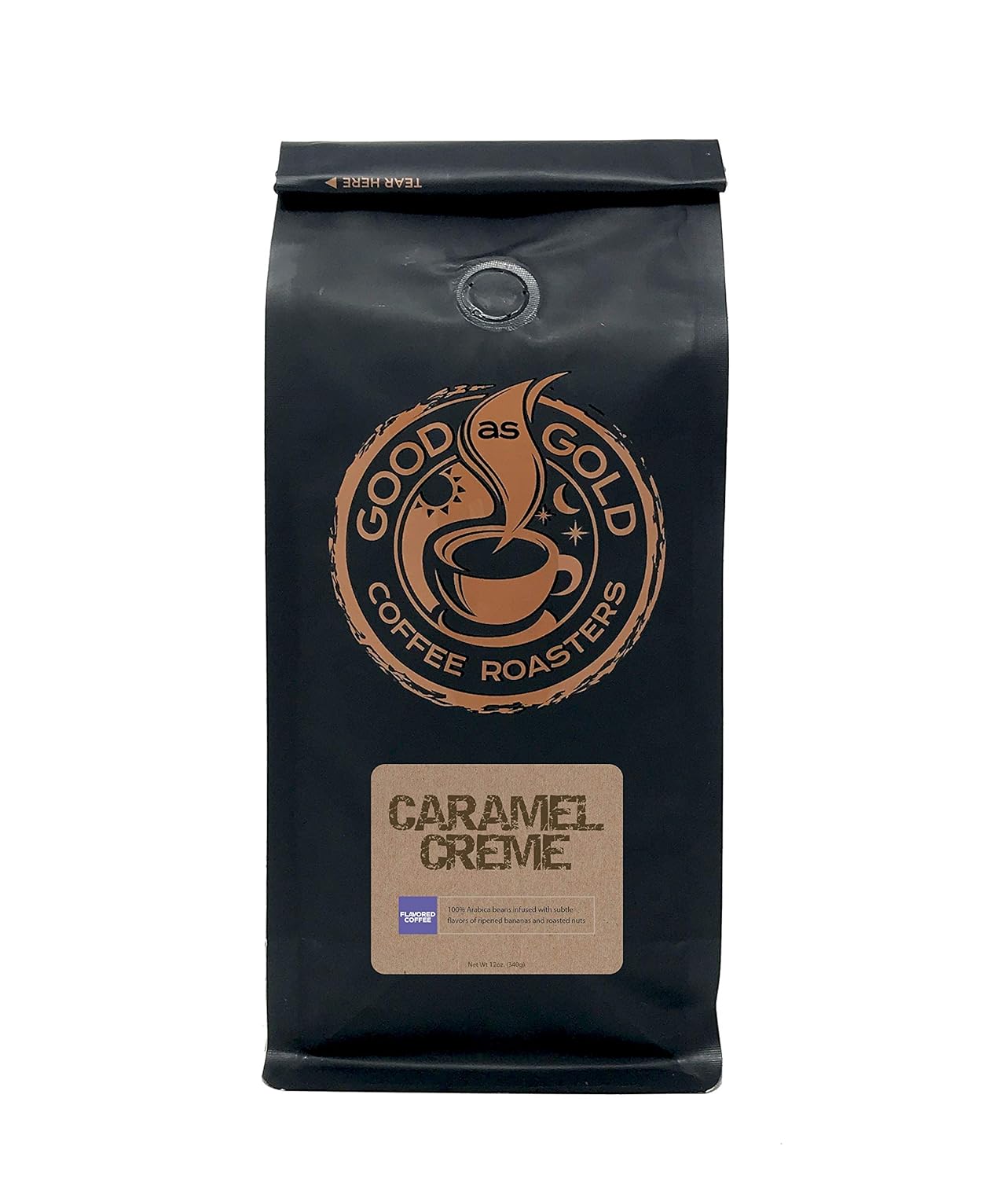 Granos de café crema de caramelo, café saborizado, grano entero, bolsa de 12 onzas  Good As Gold Coffee Roasters