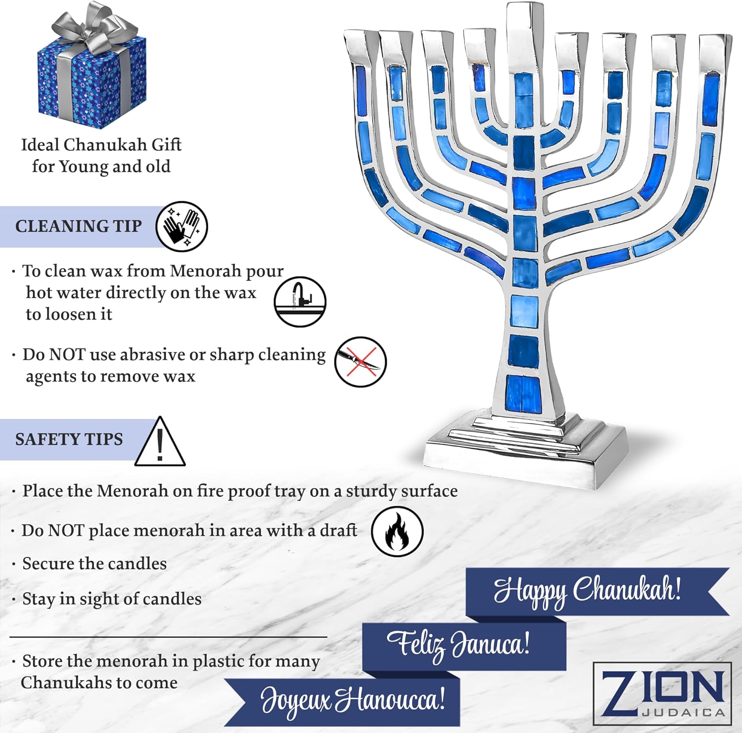 Mosaico de Janucá Menorá Knesset estilo Chanukiyah Jeweled con azulejos de mosaico incrustados se adapta a velas estándar de Hanukkah (azul)