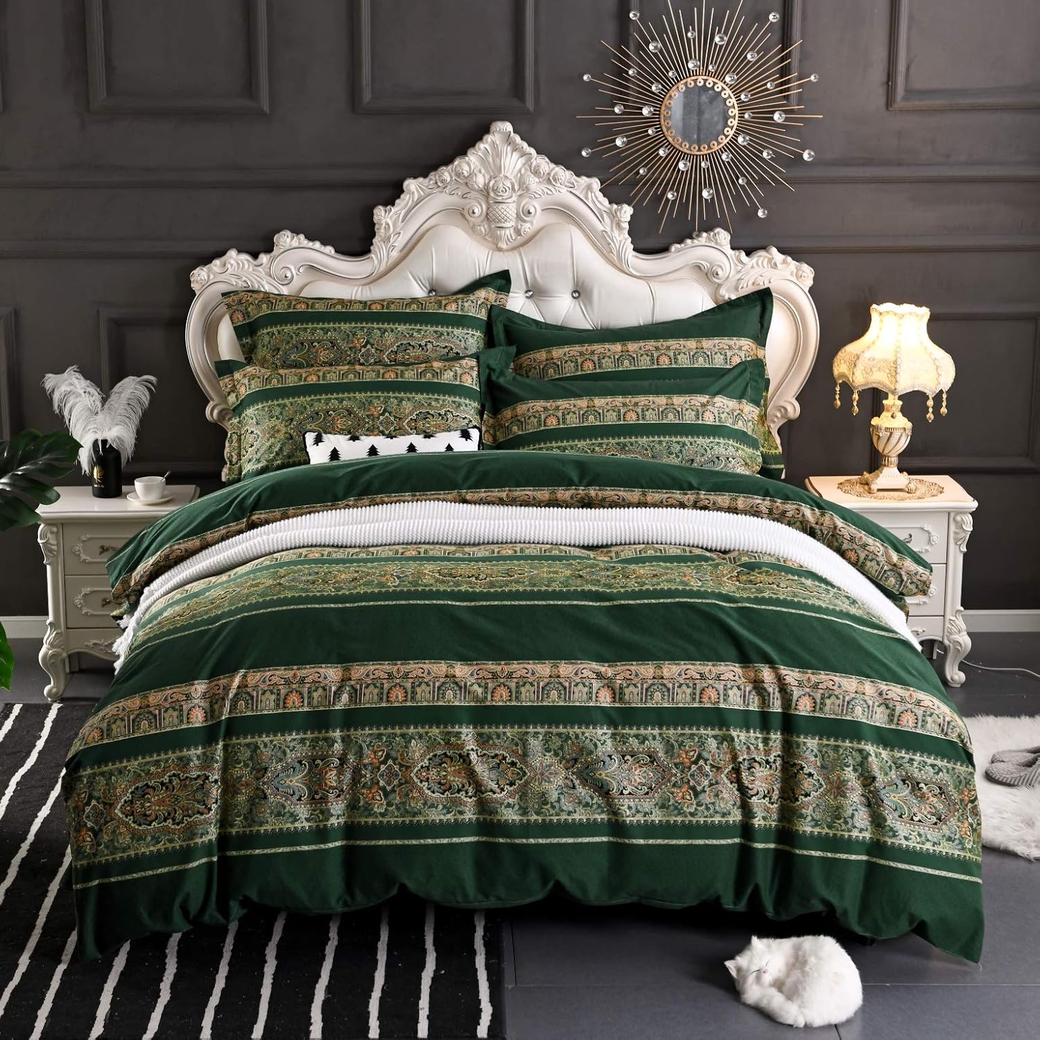 Softta Juego de ropa de cama bohemio de 3 piezas, tamaño King, estilo bohemio, vintage, floral, estampado de cachemira de damasco, 100% algodón