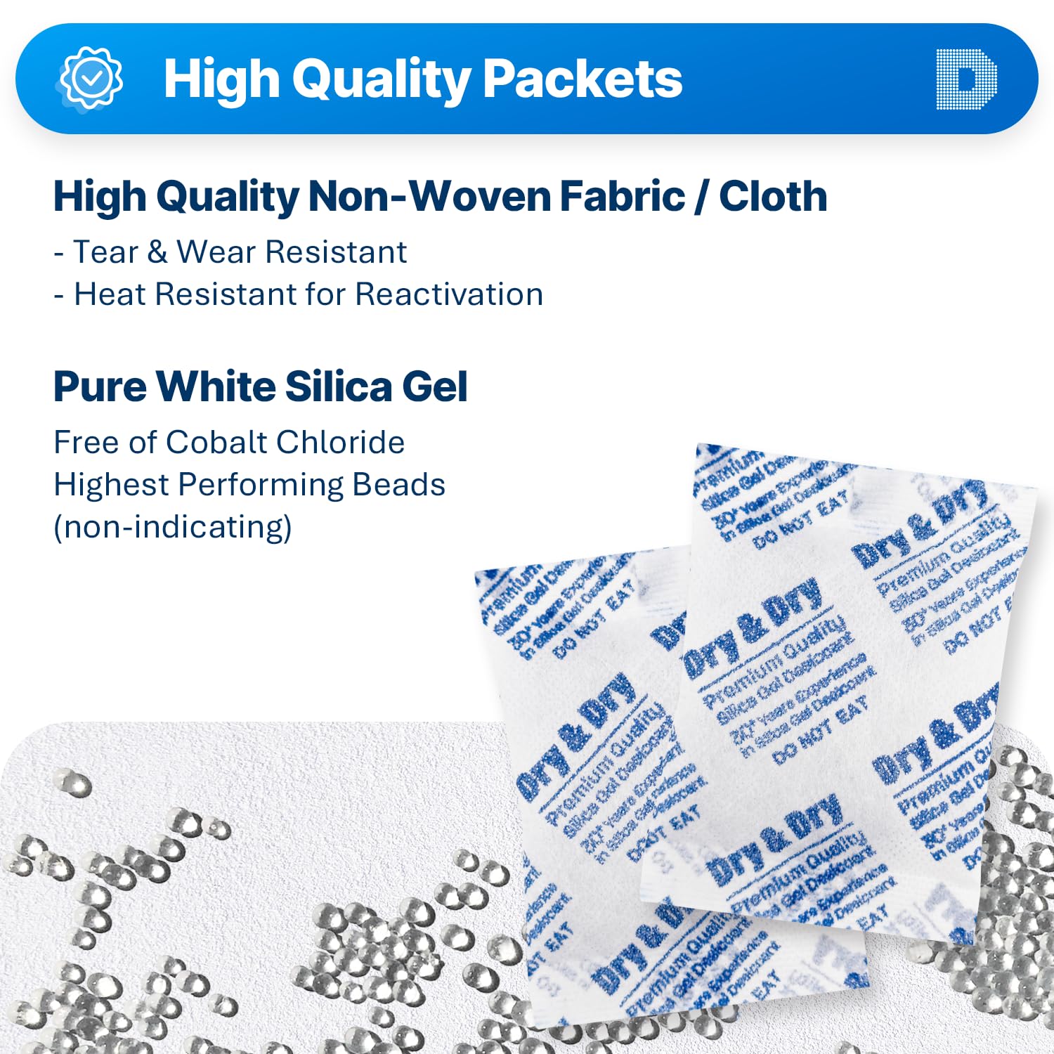 Dry & Dry Paquetes de gel de sílice de 0.71 oz 50 paquetes Deshumidificador desecante Gel de sílice – Paquetes de sílice recargables Absorbentes de