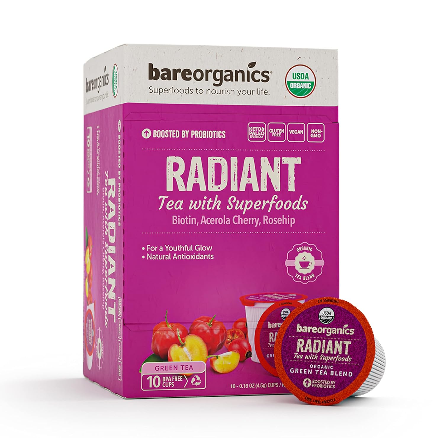 BareOrganics Té radiante con superalimentos y probióticos  Cápsulas de té compatibles con Keurig K-Cup  Certificado USDA orgánico, vegano, sin OMG y