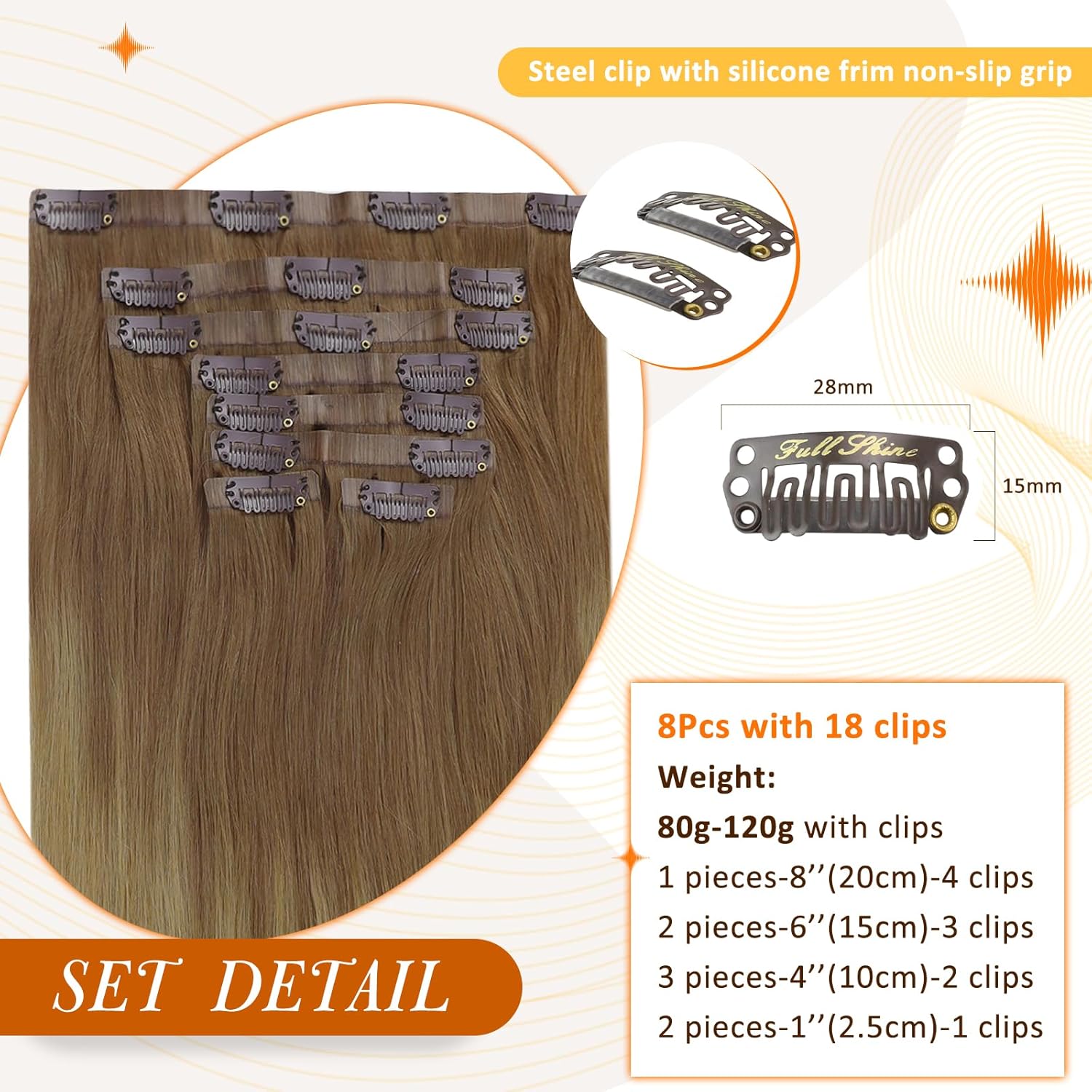 Full Shine Extensiones de cabello marrón degradado de color marrón claro a rubio, extensiones de cabello con clip sin costuras con trama de