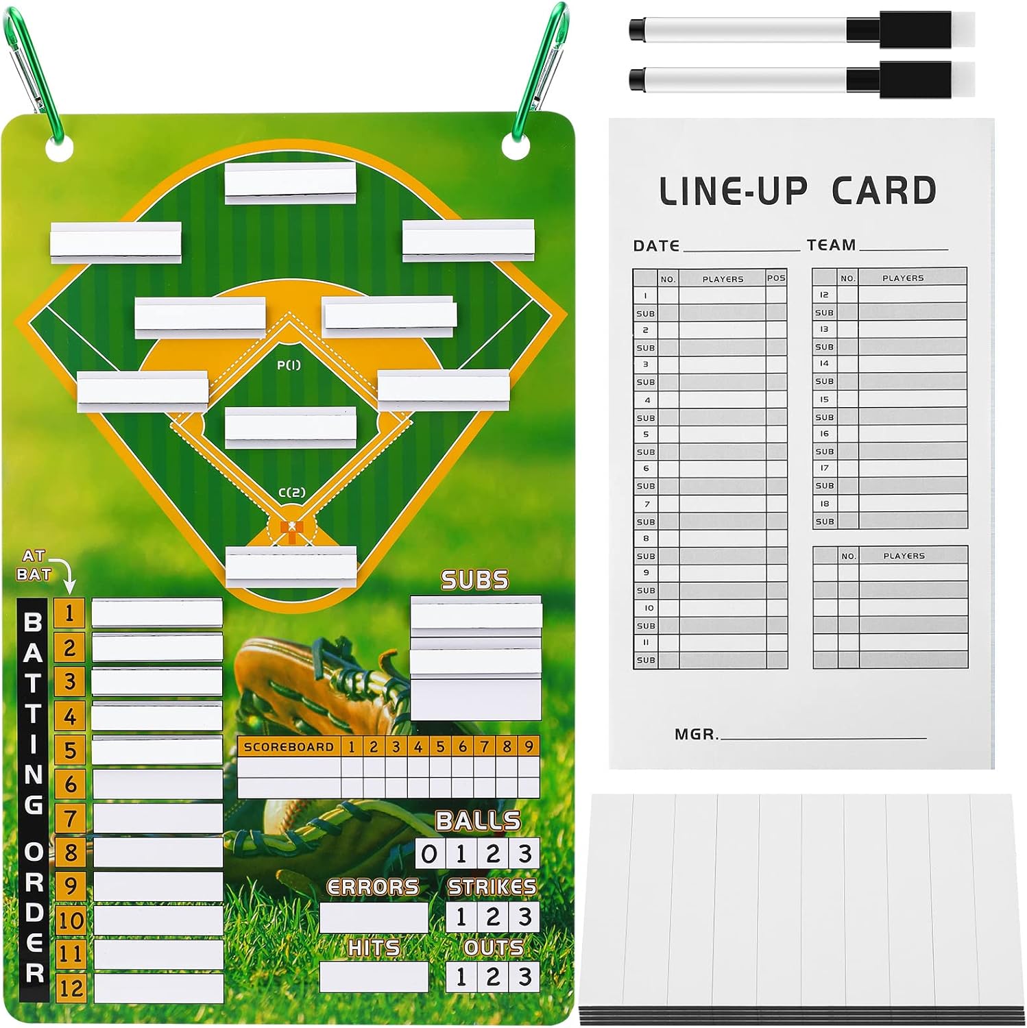 Juego de tablero magnético de béisbol con 100 hojas de alineación de tarjetas, 80 pestañas de alineación, 2 ganchos a presión, 2 marcadores de