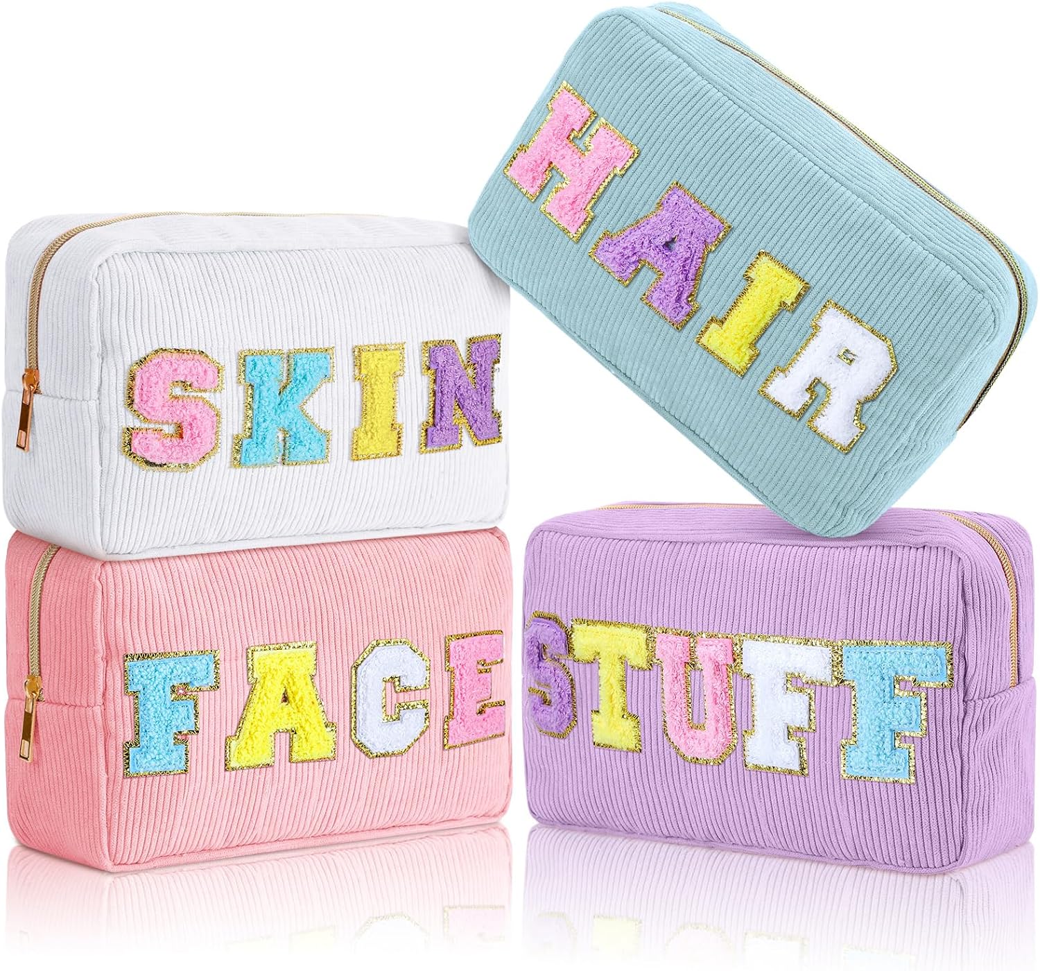 Pinkunn 4 bolsas de maquillaje preparadas, regalo de Navidad, de pana, de felpilla, con letras, bolsa de parches para la piel y el cabello, bolsa de