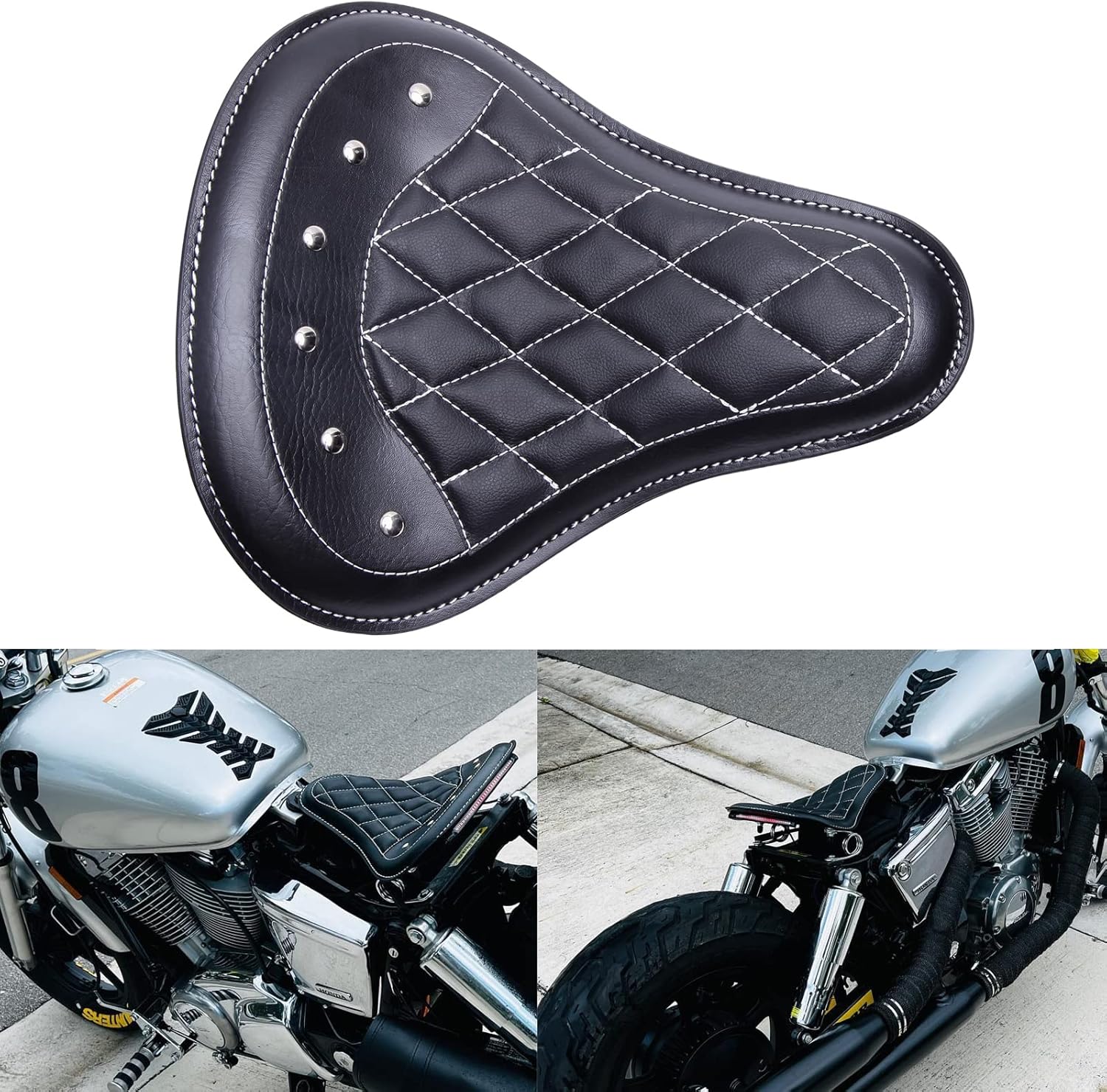 Cojín de motocicleta negro para asiento individual compatible con Honda Rebel 250 300 500 Refit Bobber (negro-rombo)