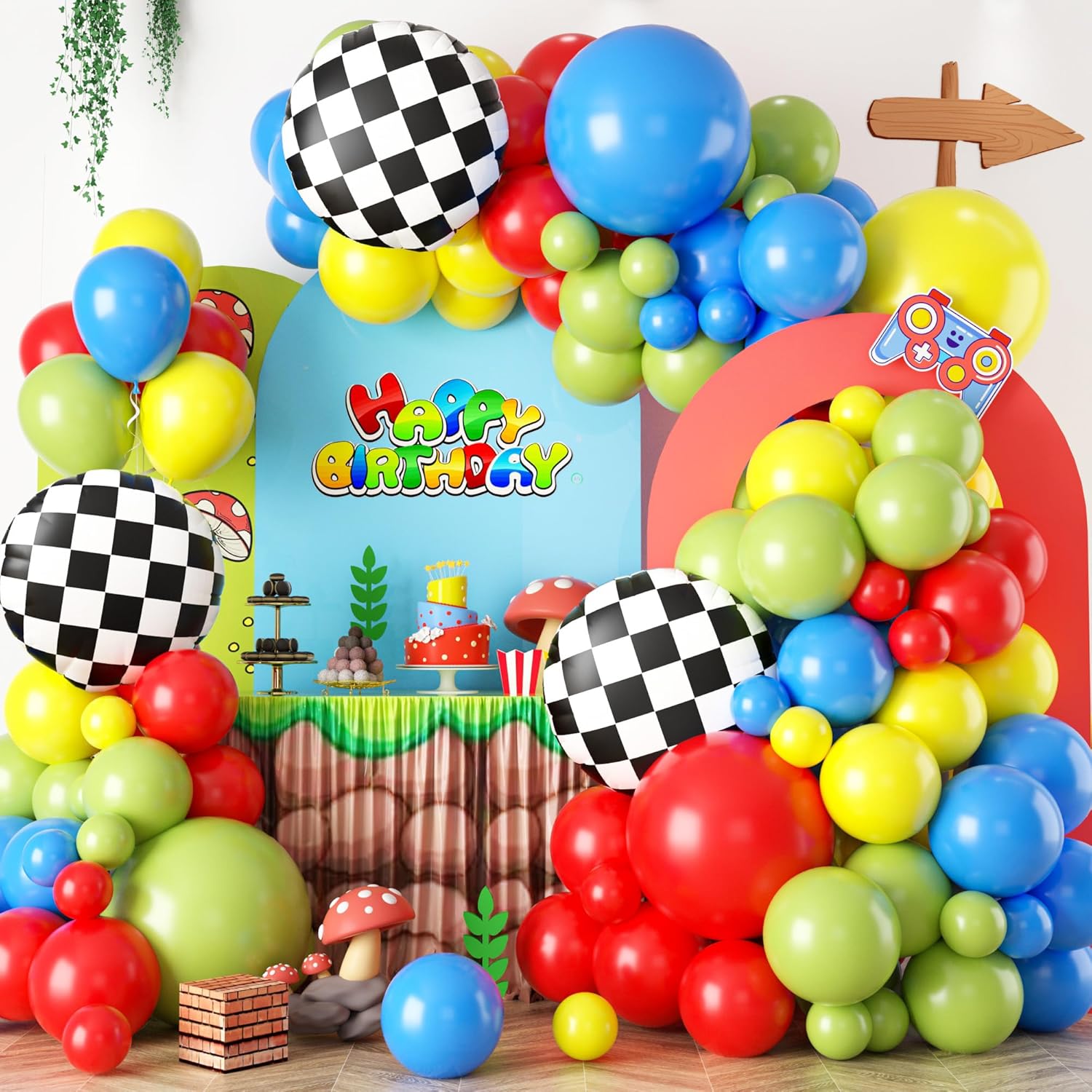 Kit de arco de globos, kit de guirnalda de globos rojo, azul, verde, amarillo, con cuadrícula negra y blanca de aluminio para decoraciones de