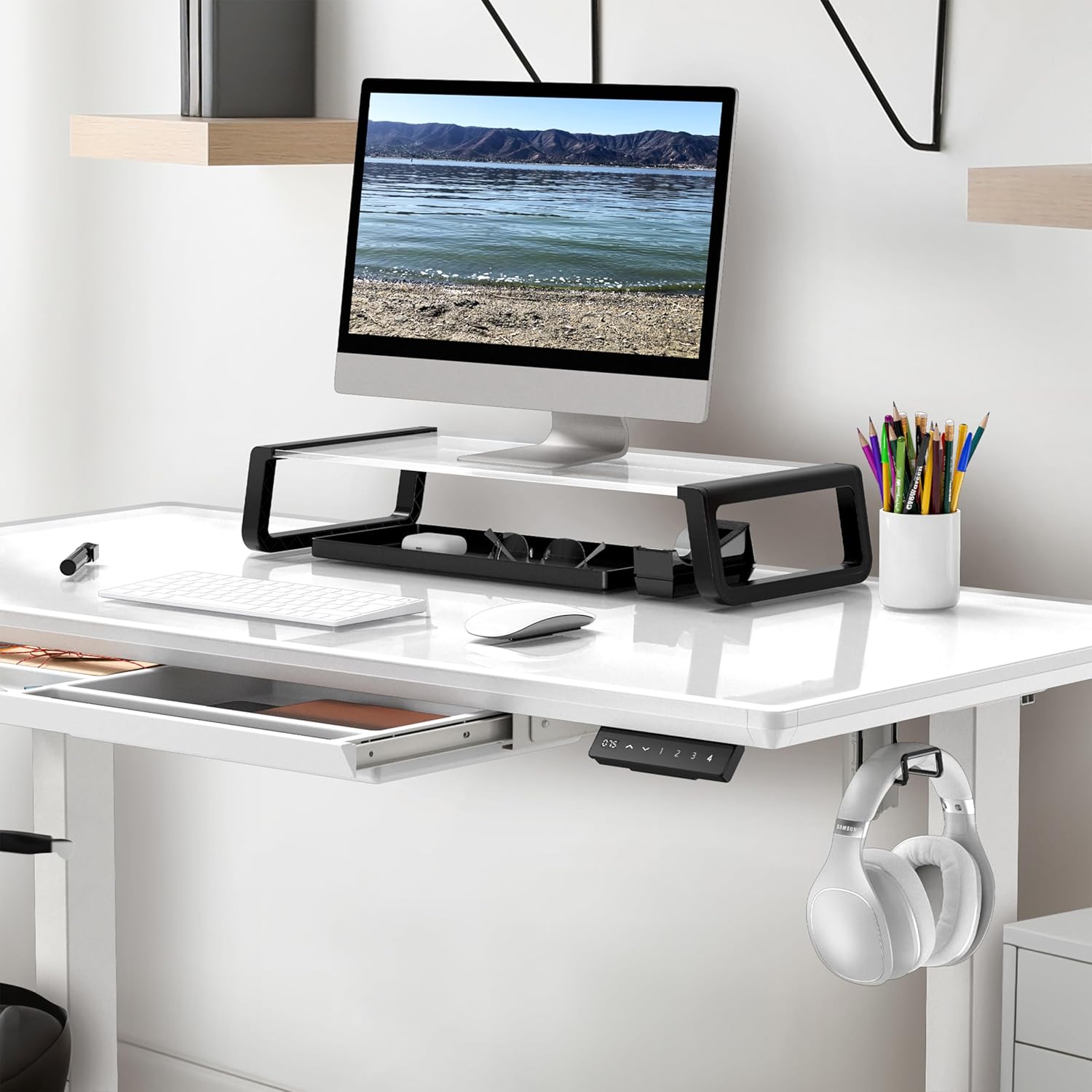 SHW  48 pulgadas  Escritorio eléctrico de altura ajustable de vidrio de una pieza completa  Elevador de monitor y cajón incluidos  Blanco