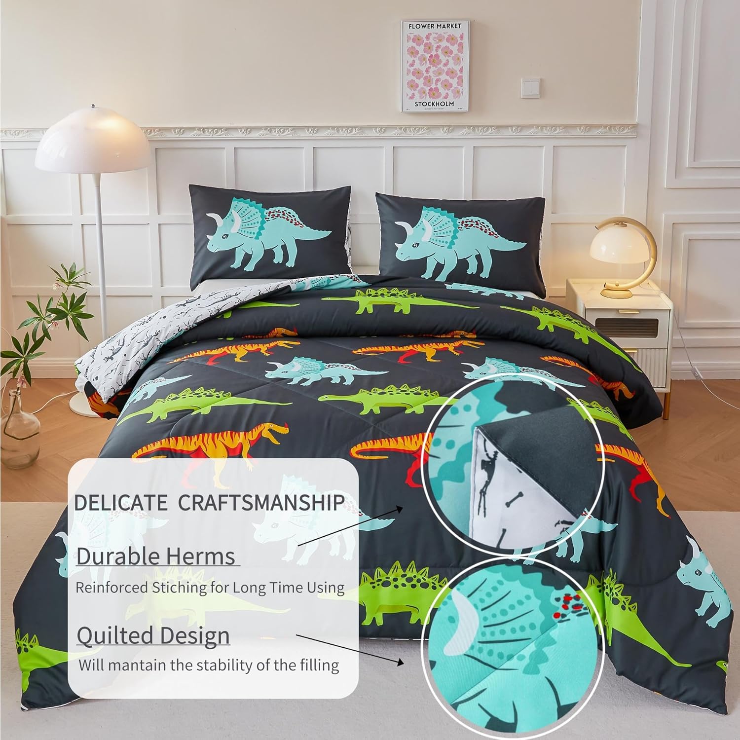 RYNGHIPY Juego de ropa de cama de dinosaurio, tamaño individual, juego de edredón para niños y niñas, suave, transpirable, lindo juego de cama de