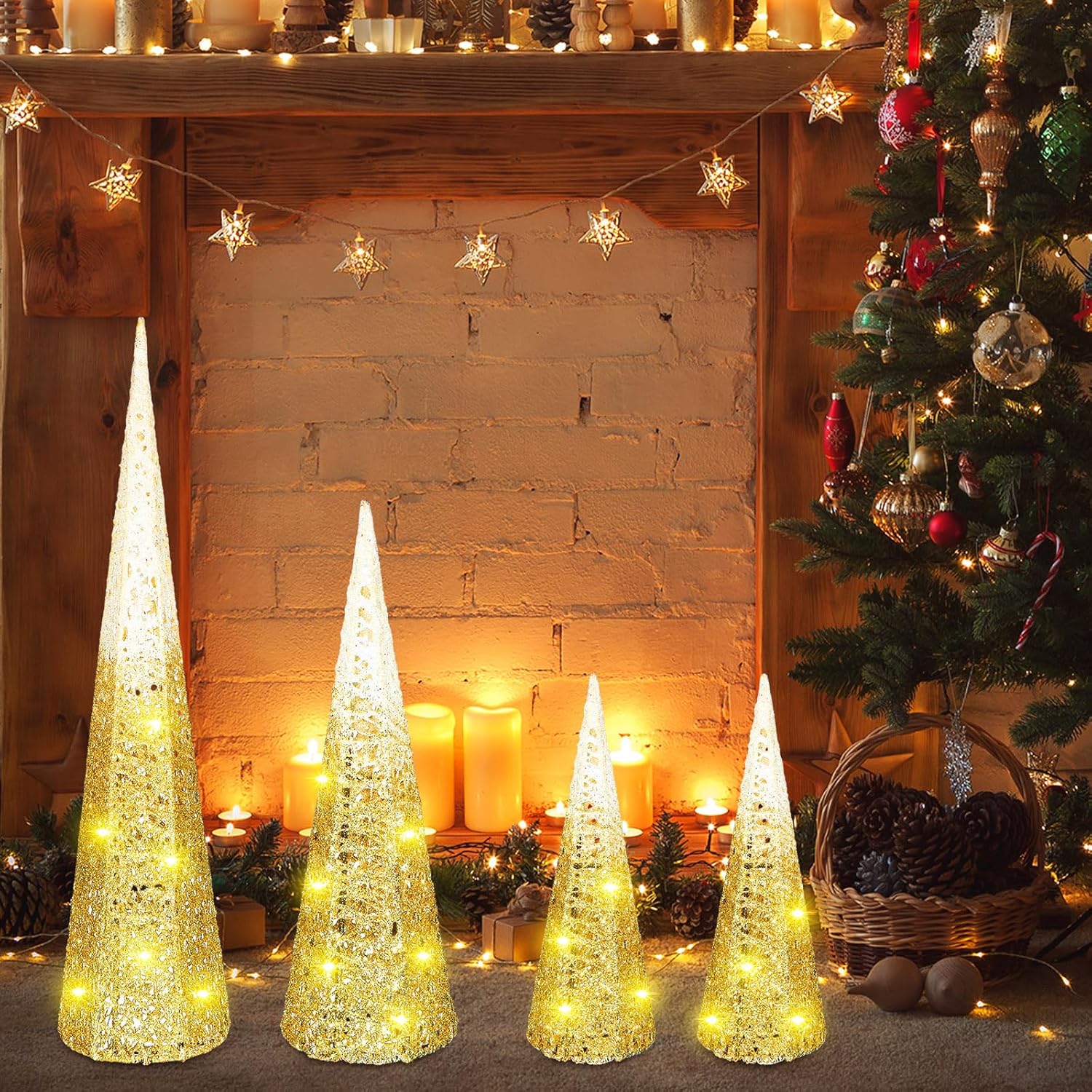 VIHOSE 4 árboles de cono de Navidad iluminados con purpurina blanca y dorada, decoración de mesa de Navidad para interiores pequeños con luces LED,