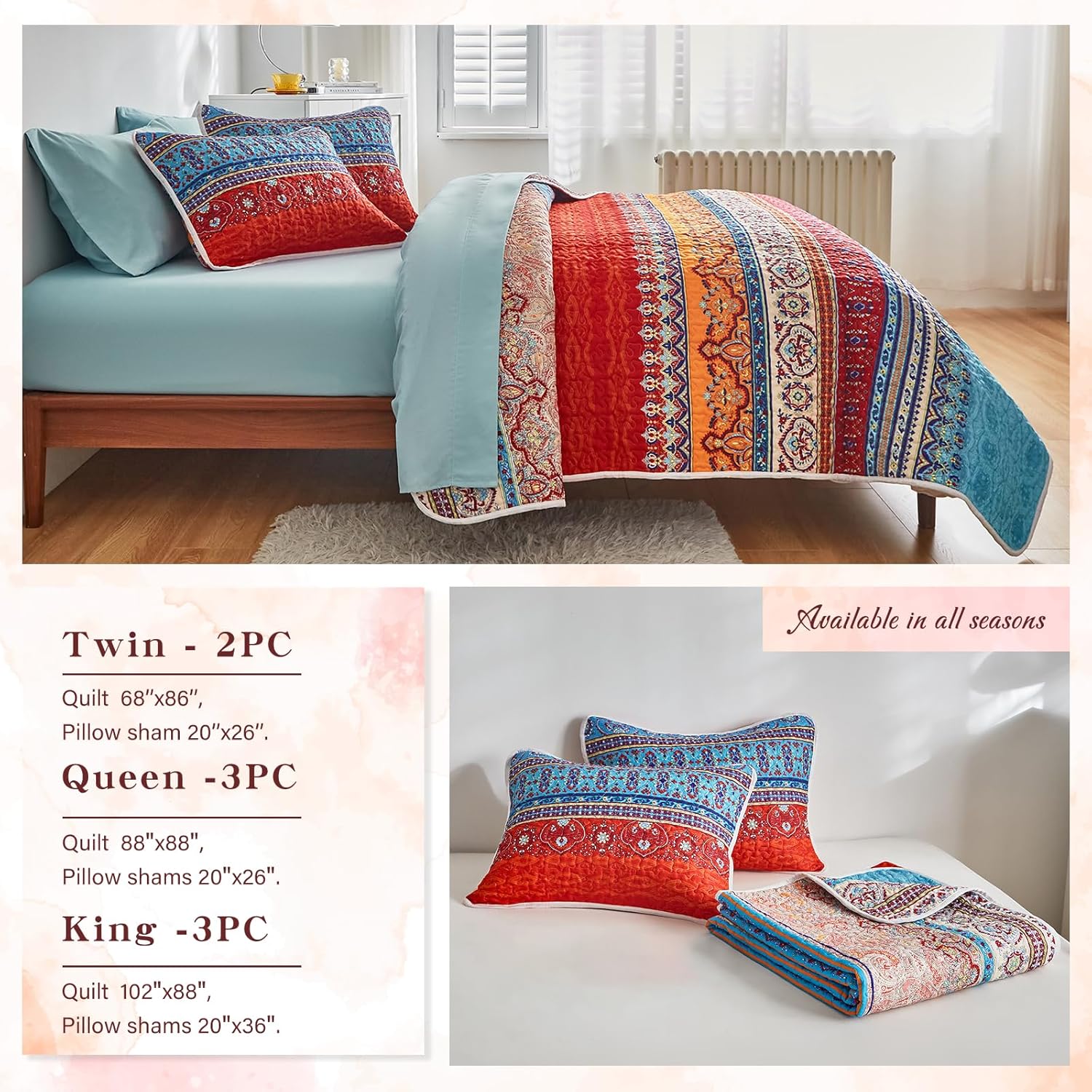 Juego de edredón bohemio colorido de 3 piezas, tamaño matrimonial y queen, juego de ropa de cama con estampado de rayas azules y rojas bohemias para