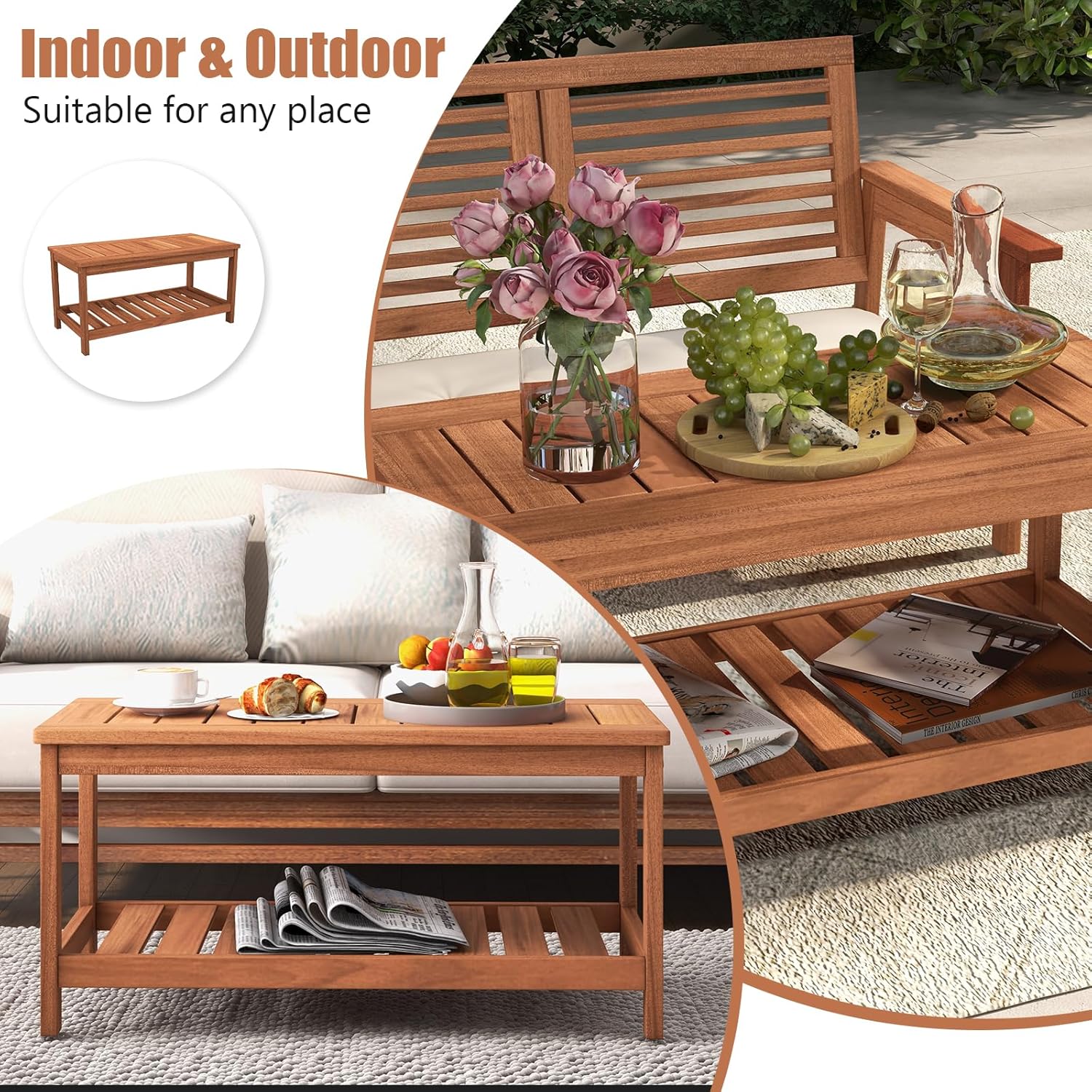 Tangkula Mesa de centro de madera dura para patio al aire libre, mesa de centro de 2 niveles con mesa de listones, estante de almacenamiento,