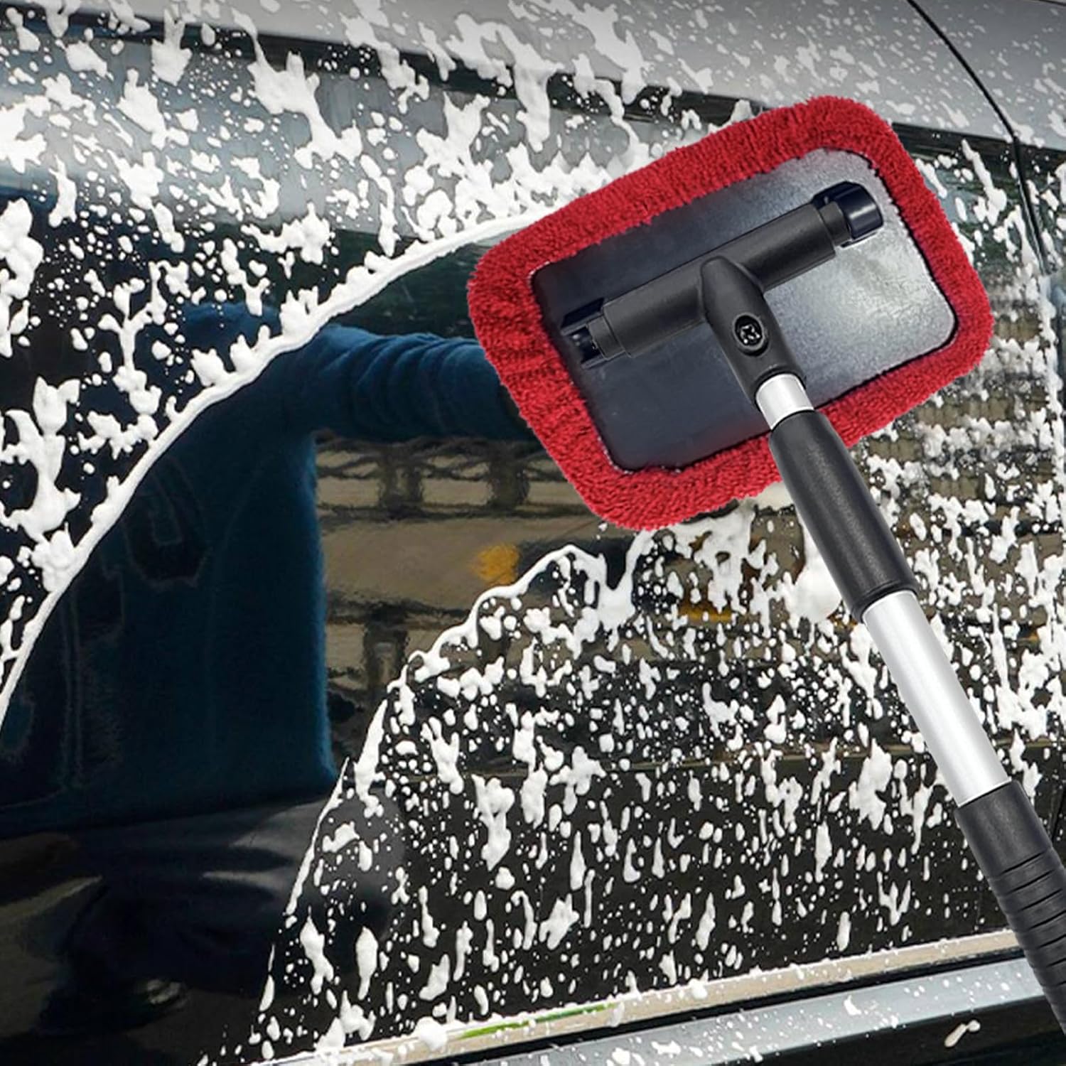 Limpiador de parabrisas de automóvil, limpiaparabrisas de microfibra con mango extensible de aluminio y 2 cabezales de almohadilla de tela lavables
