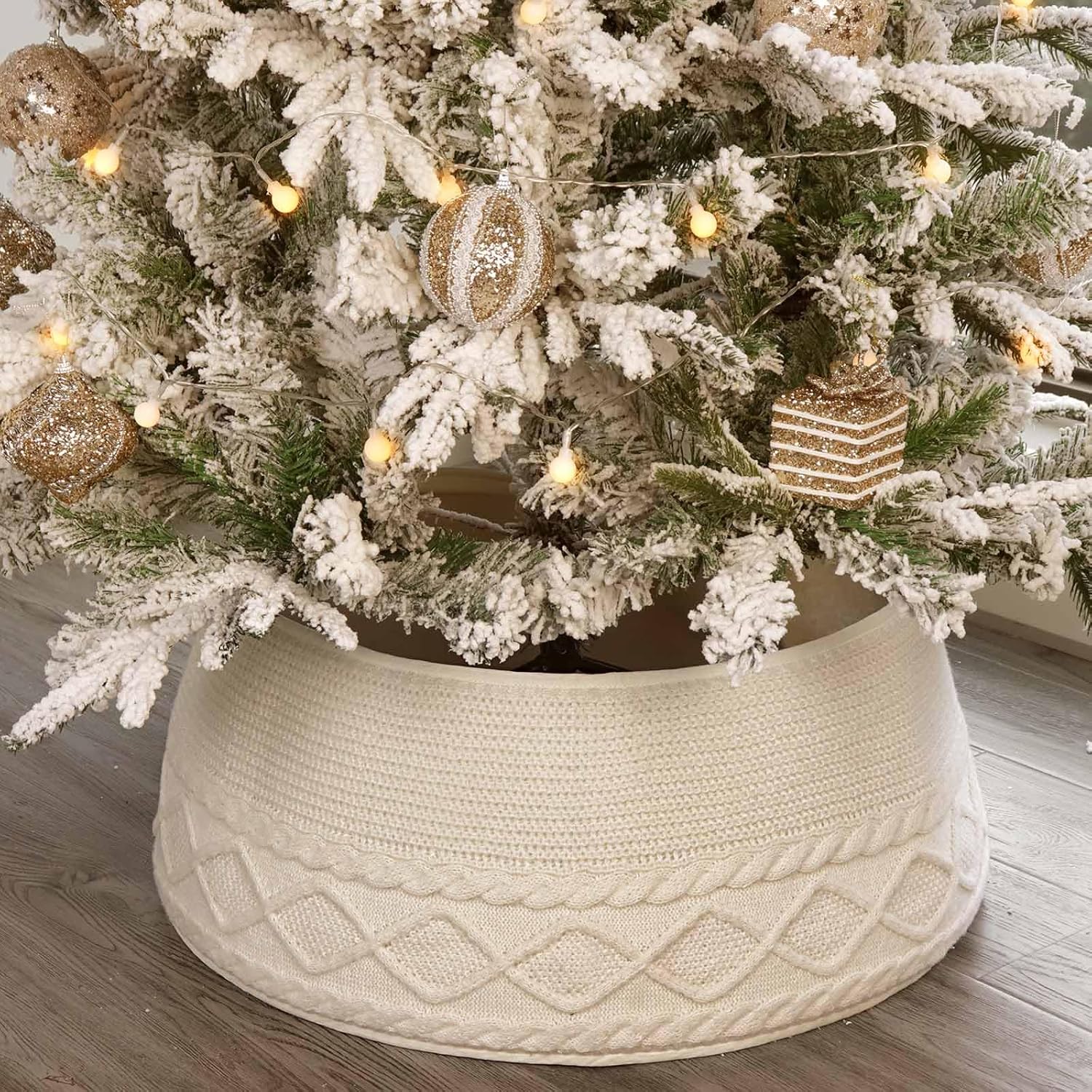 Collar de árbol de Navidad de punto collar de árbol de Navidad de punto trenzado grueso con patrón de diamante cruzado crema para árboles