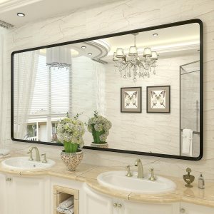 Espejo de baño negro mate de 72 x 36 pulgadas, espejo grande con marco de metal negro para pared, espejo rectangular de esquina redondeada, Espejo de baño negro mate de 72 x 36 pulgadas, espejo grande con marco de metal negro para pared, espejo rectangular de esquina redondeada,