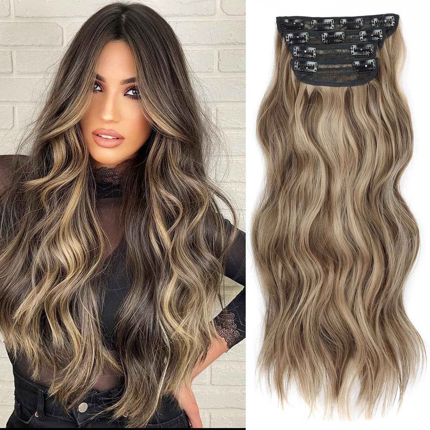 Extensiones de cabello sintético ondulado y largo sin enredos de 20 pulgadas, color rubio miel mezclado con marrón claro, 4 piezas, extensiones de