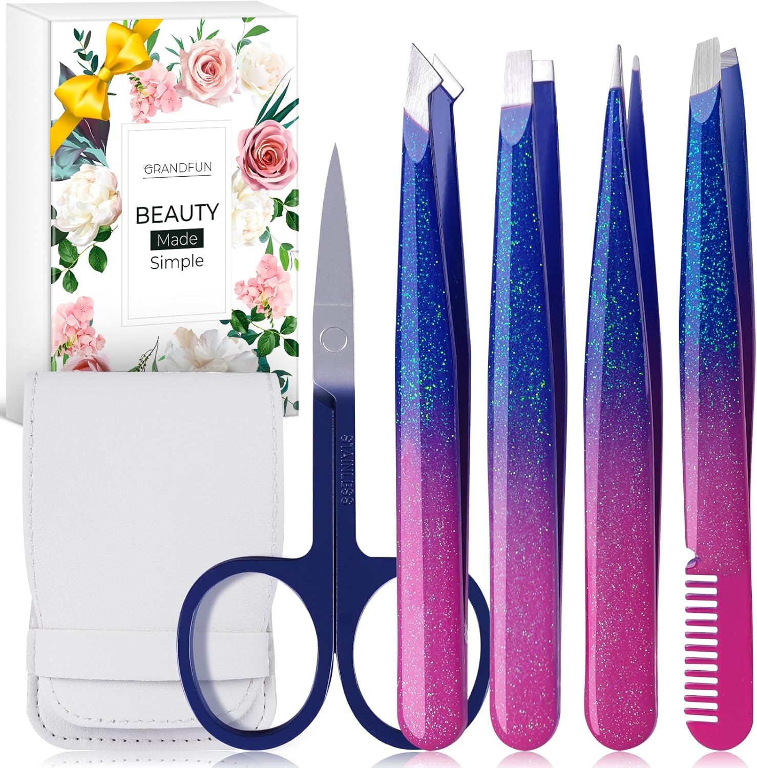 GRANDFUN Juego de pinzas para mujer, pinzas de precisión profesionales para cejas, vello facial, pelos encarnados, kit de aseo de viaje, relleno de