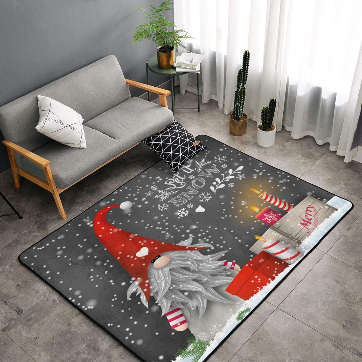 Alfombra de gnomo de Navidad con copos de nieve de 3 x 5 pies, decoración de velas de Navidad, sala de estar, dormitorio, alfombra antideslizante de