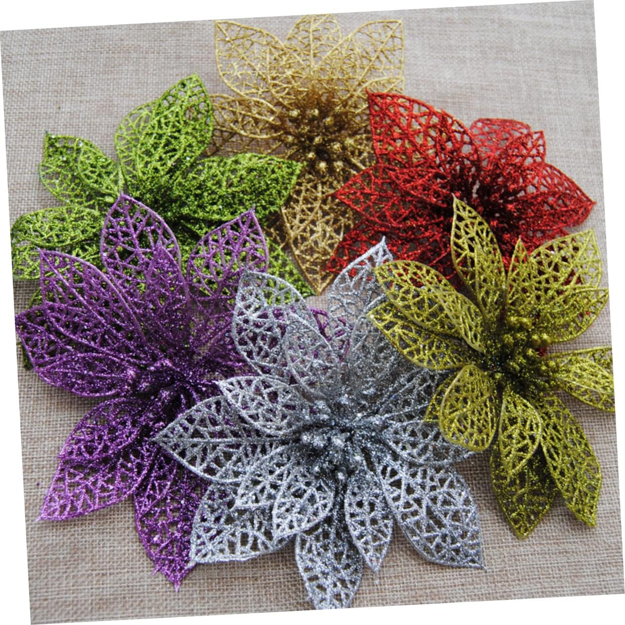 BESTOYARD 20 Pcs Glitter Poinsettia Flowers Glitter Christmas Flowers Christmas Wreath Stems Artificial Poinsettia Flowers Artificial Christmas