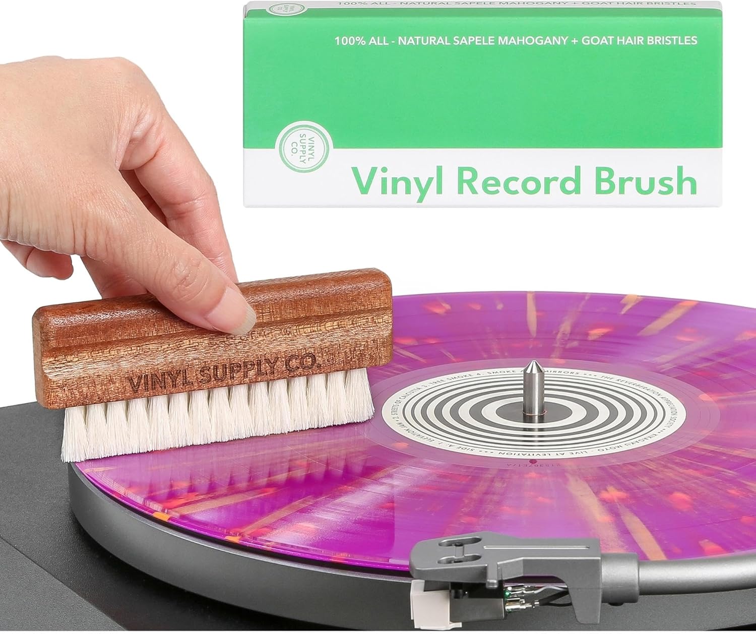Brocha de vinilo G.O.A.T. – 100% madera de caoba sapele natural + cerdas de pelo de cabra – Cepillo antiestático para limpieza de discos en húmedo y