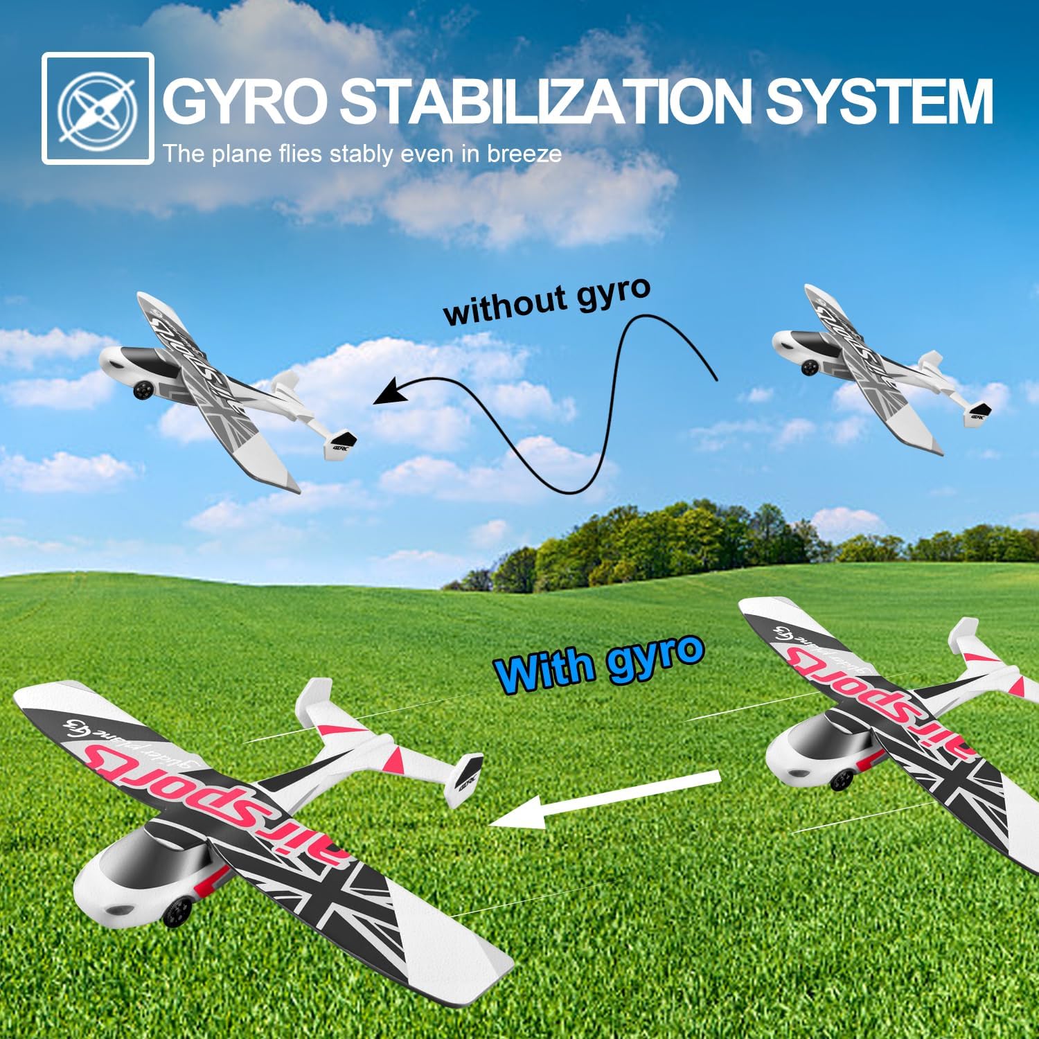 Avión RC, avión de control remoto de 2.4 GHz, vuelo con 2 baterías y hélice estabilizador giroscópico de 6 ejes, luz azul y verde, fácil de volar